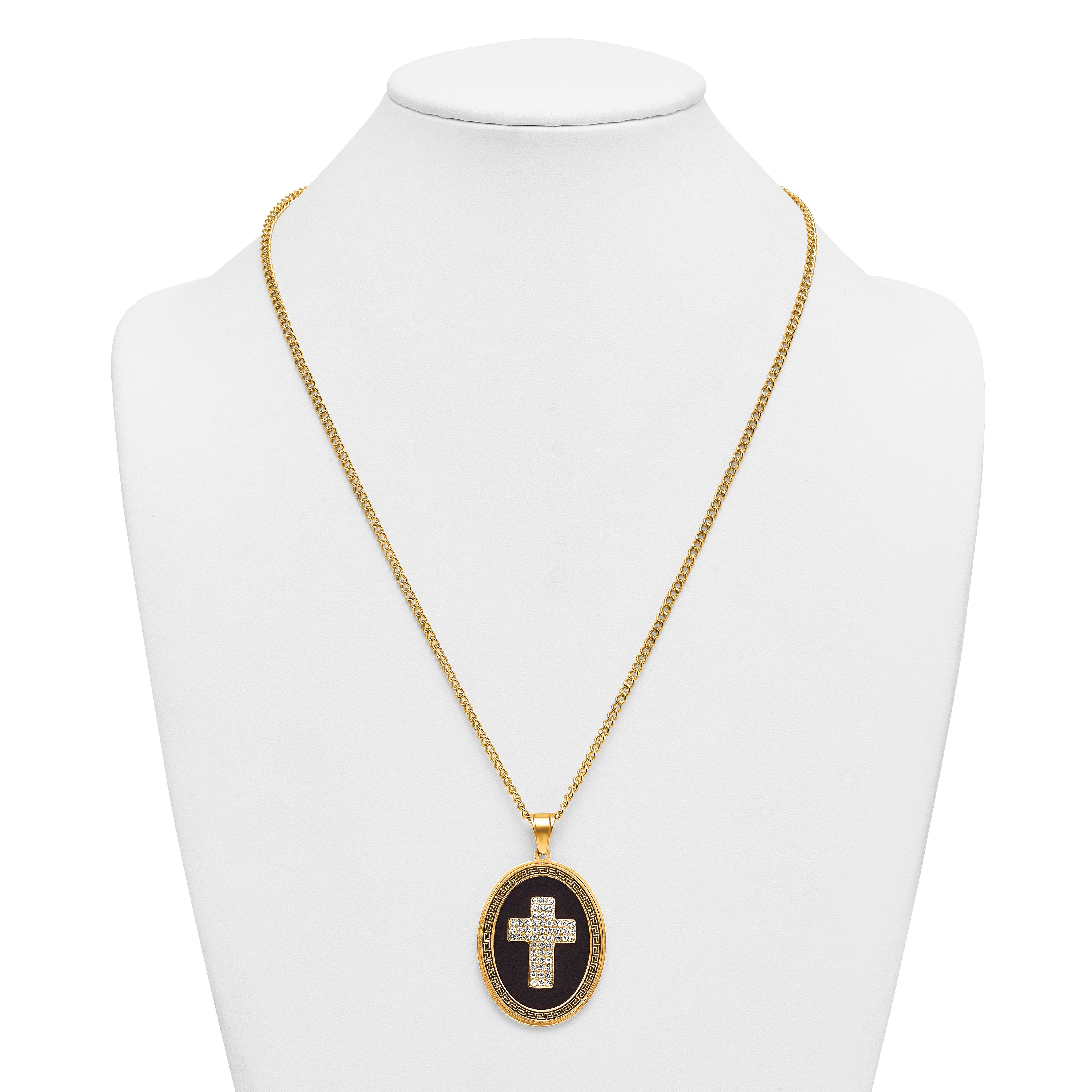 Gold-Tone Polished Crystal Cross Black Enamel Stainless Steel Necklace 3mm
