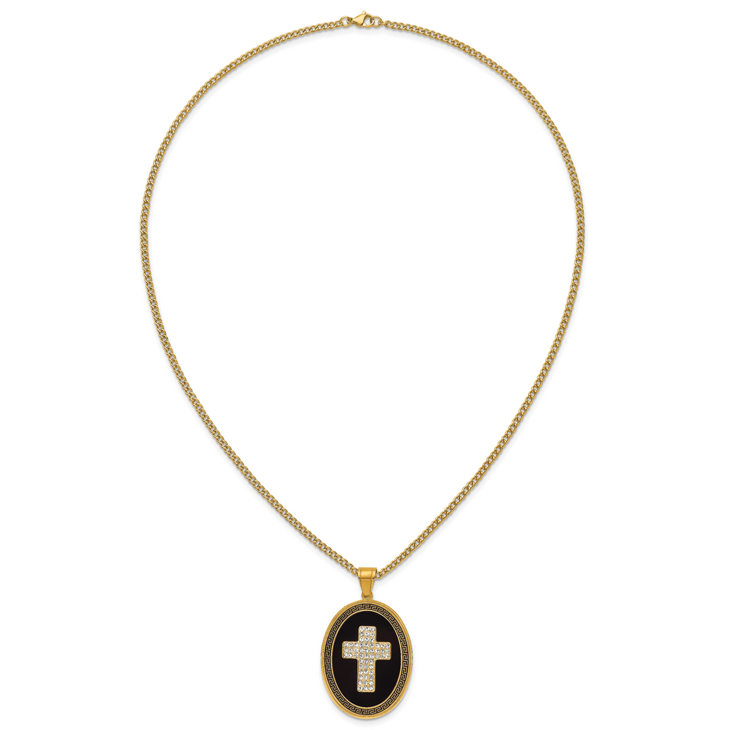 Gold-Tone Polished Crystal Cross Black Enamel Stainless Steel Necklace 3mm