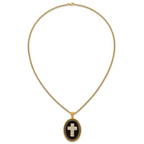 Gold-Tone Polished Crystal Cross Black Enamel Stainless Steel Necklace 3mm