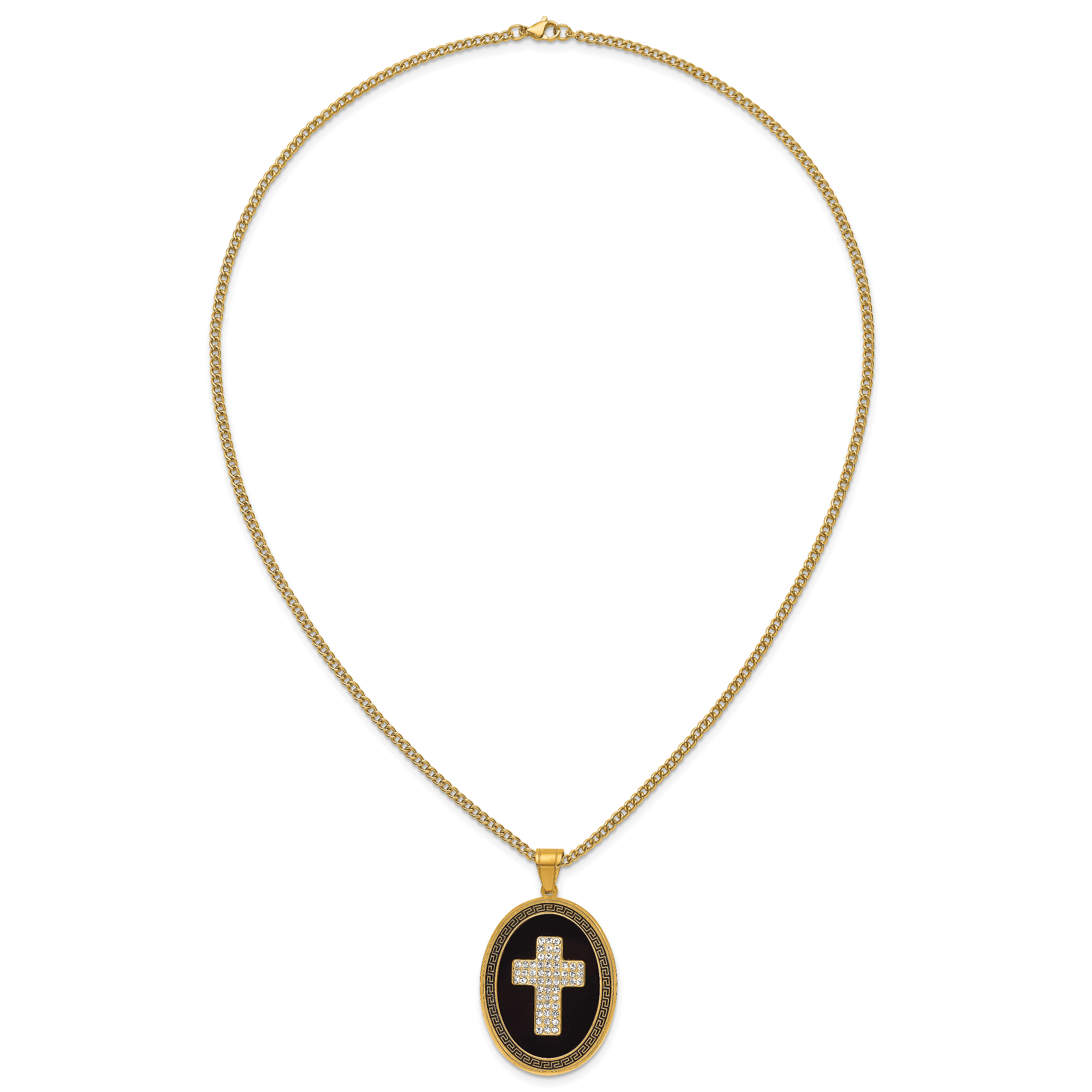 Gold-Tone Polished Crystal Cross Black Enamel Stainless Steel Necklace 3mm