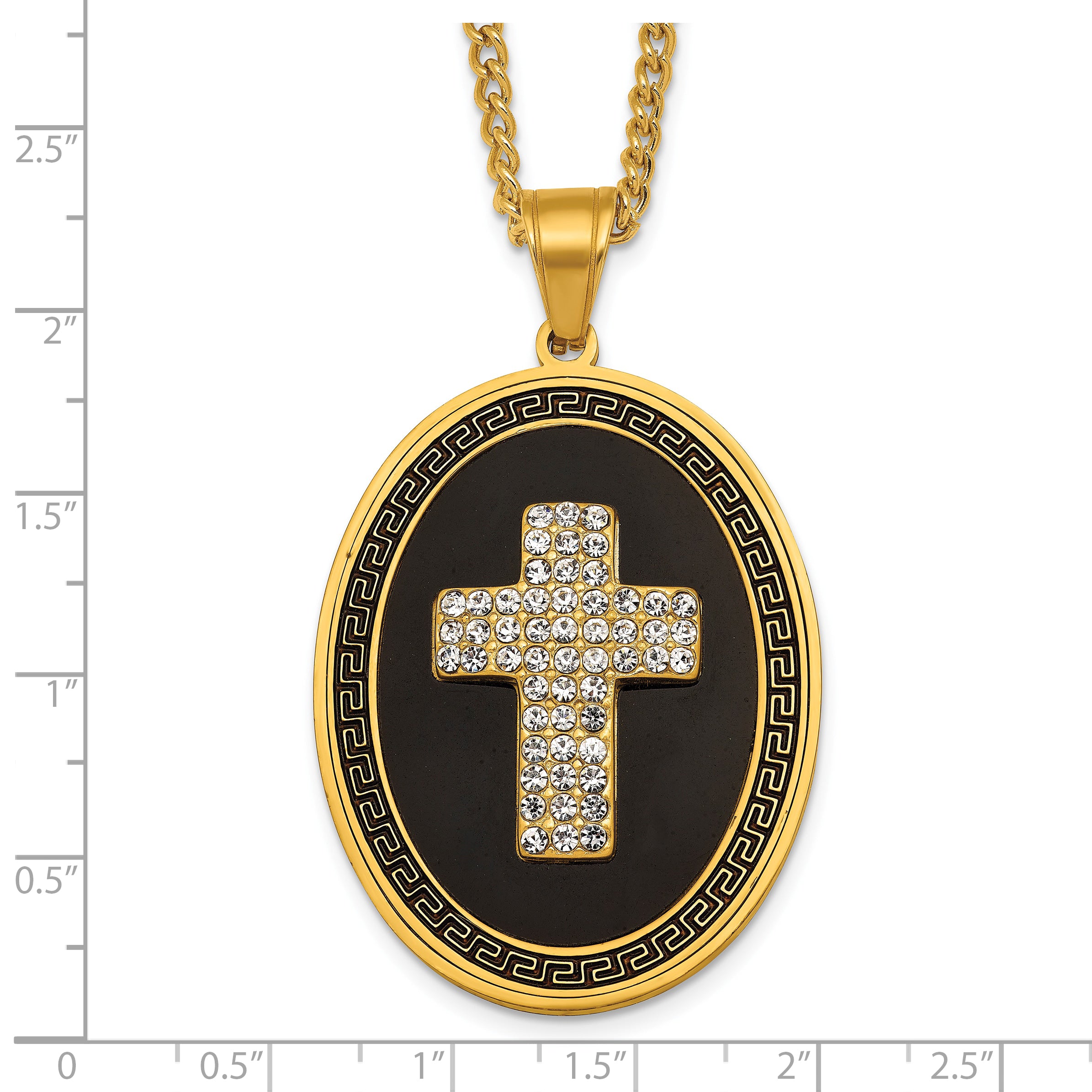 Gold-Tone Polished Crystal Cross Black Enamel Stainless Steel Necklace 3mm