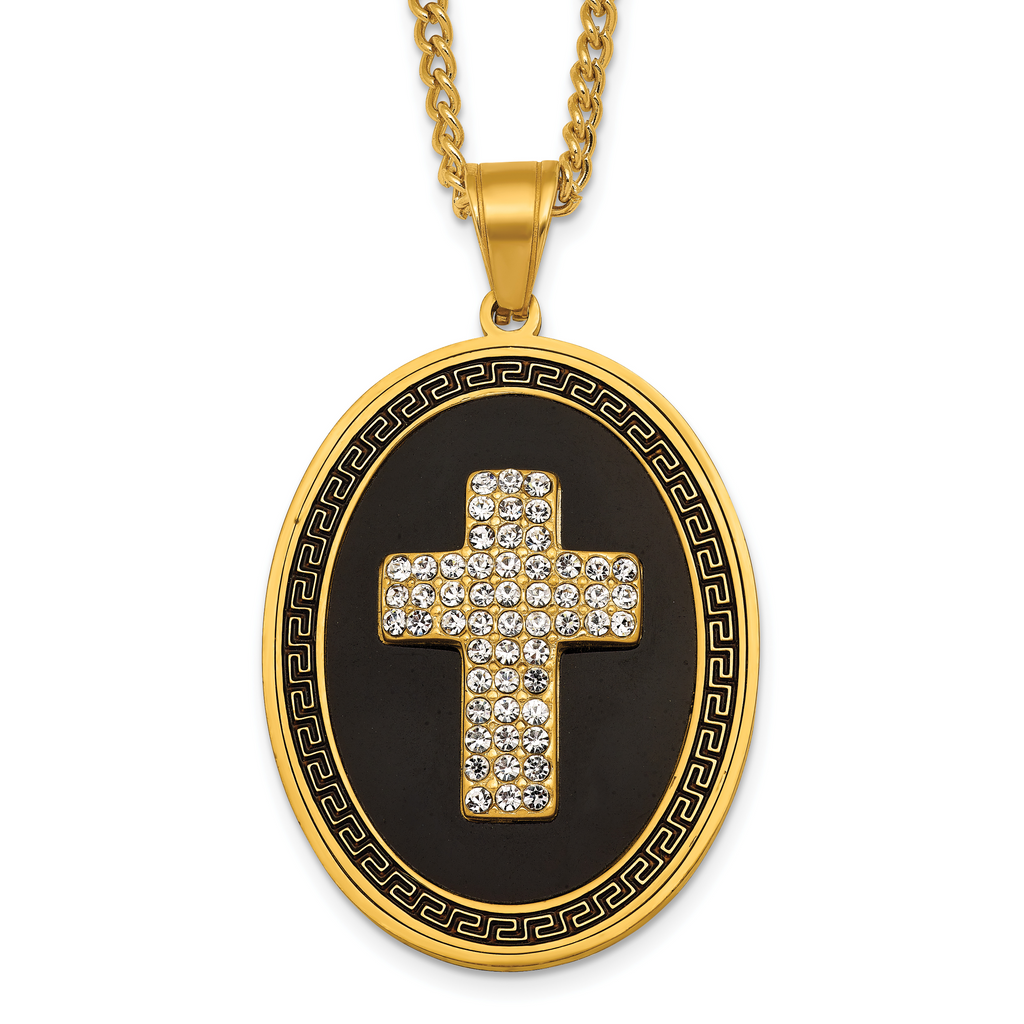 Gold-Tone Polished Crystal Cross Black Enamel Stainless Steel Necklace 3mm