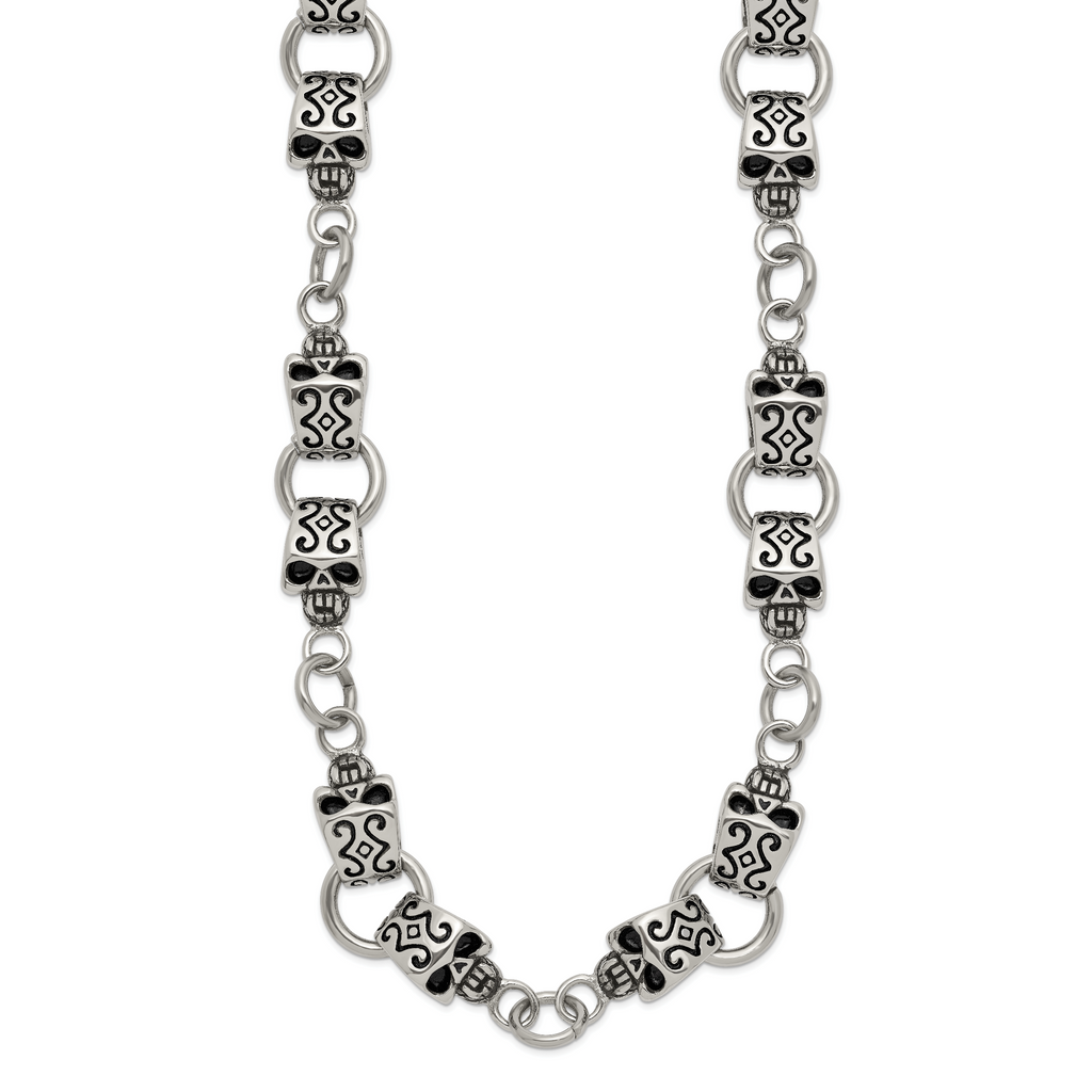 Chisel Stainless Steel Antiqued and Polished Skull 24 inch Necklace