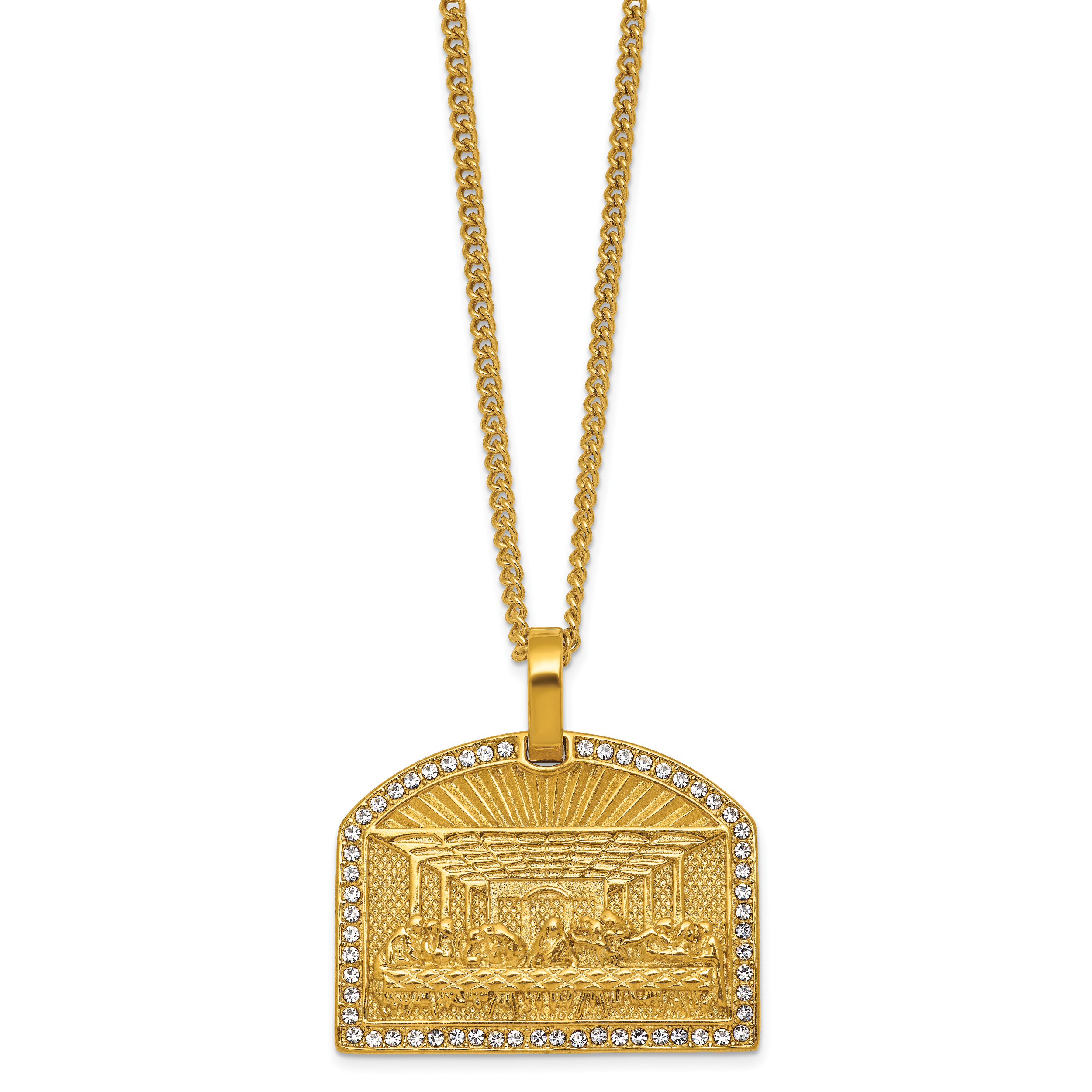 Gold-Tone Polished Crystal Stainless Steel Necklace 3mm 24in