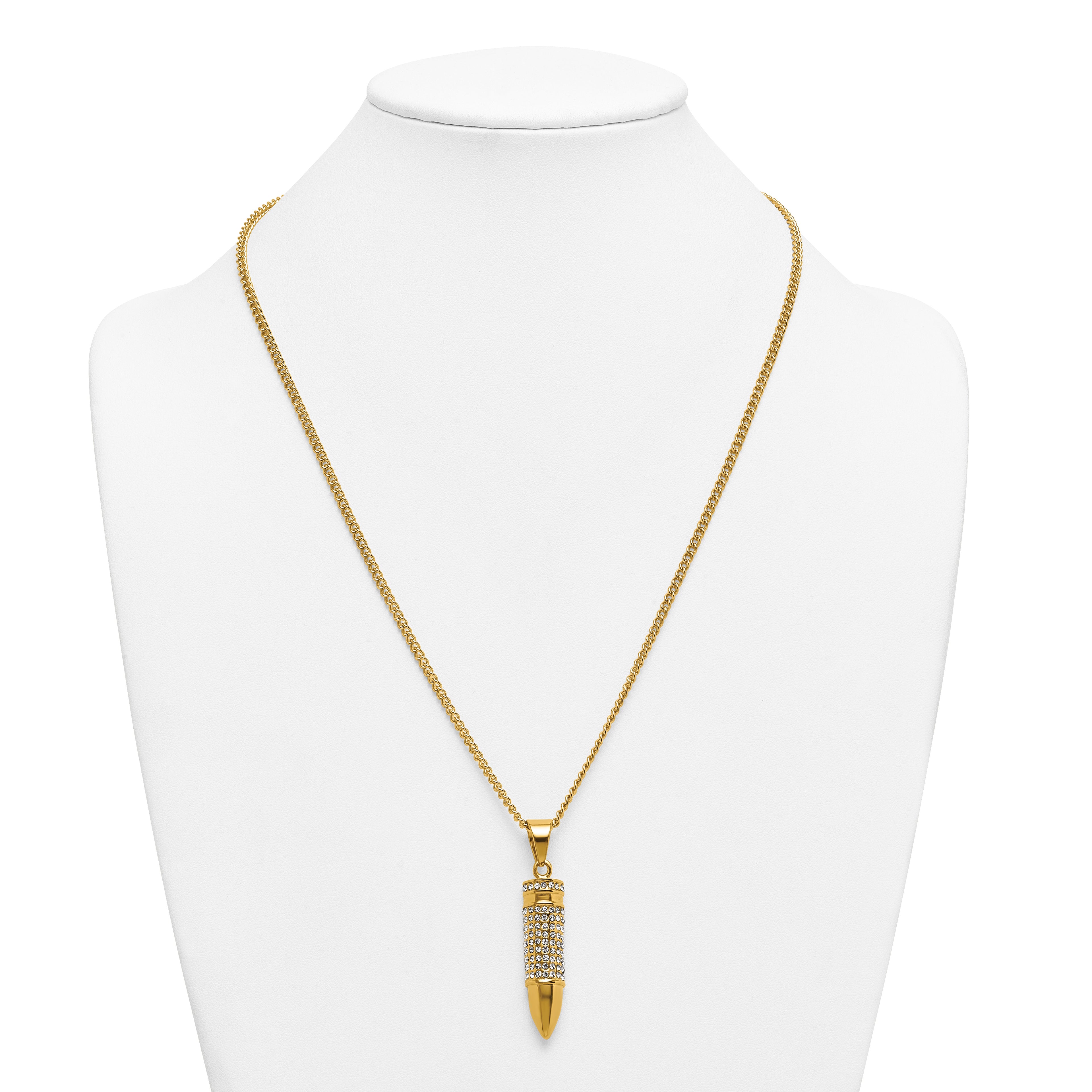 Gold-Tone Polished Crystal Bullet Stainless Steel Necklace 2.9mm