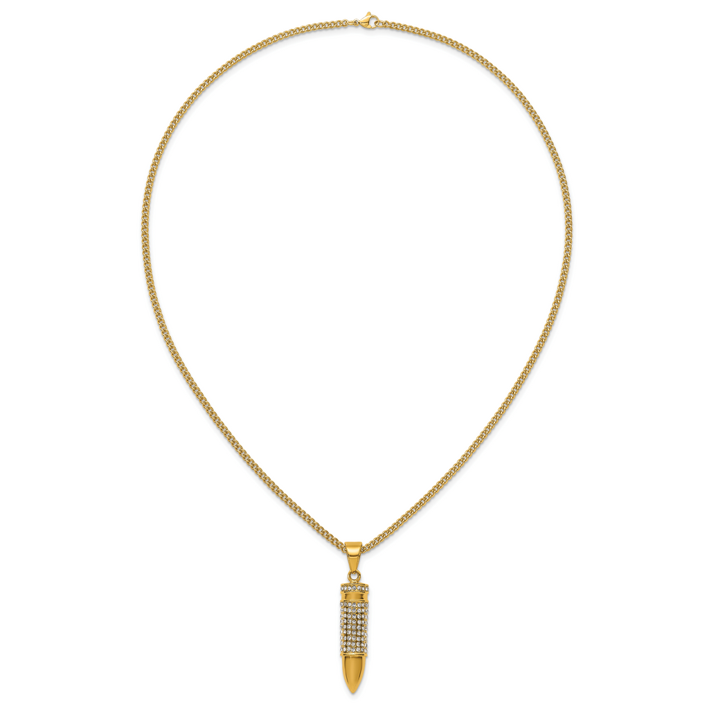 Gold-Tone Polished Crystal Bullet Stainless Steel Necklace 2.9mm