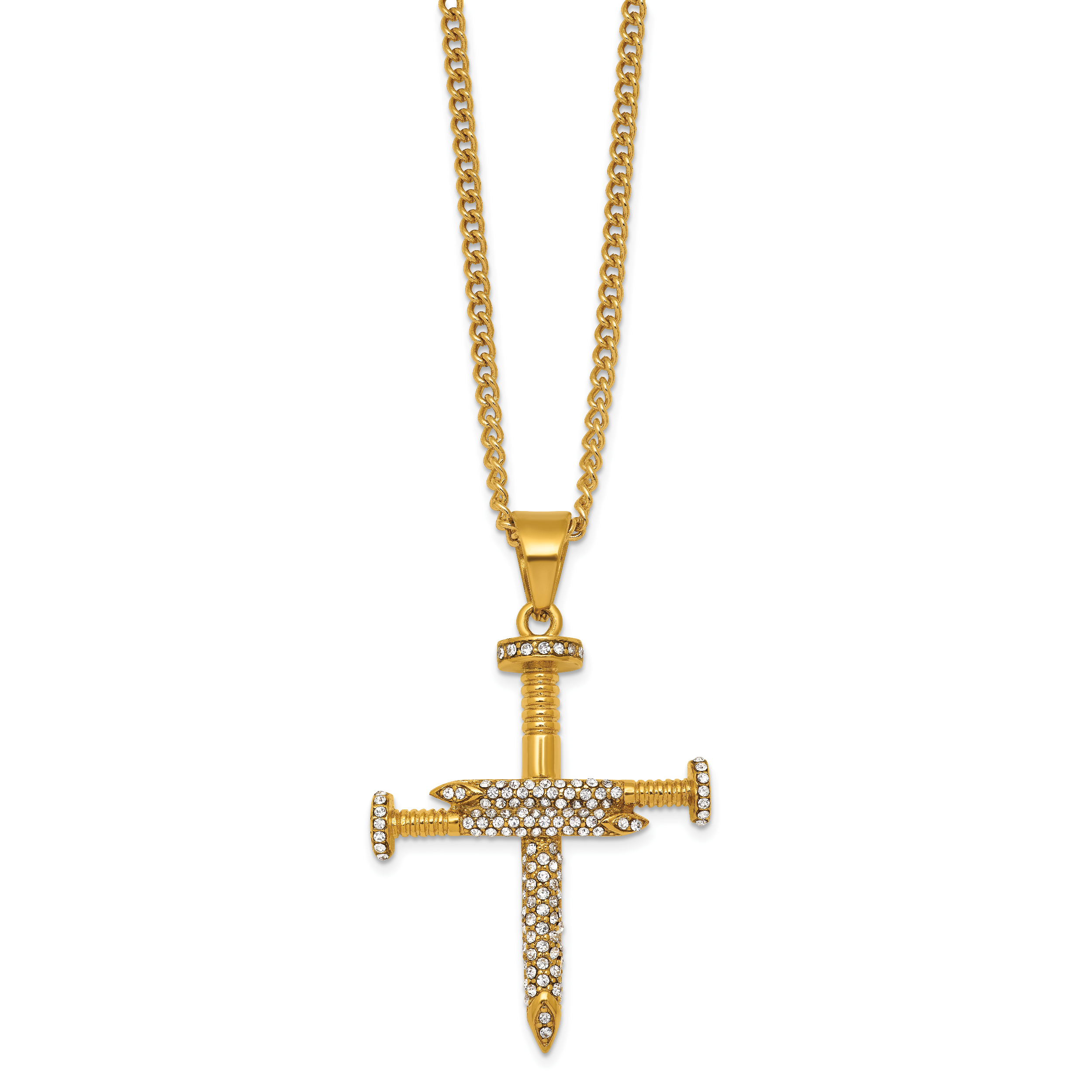 Gold-Tone Polished Crystal Cross Stainless Steel Necklace 2.95mm
