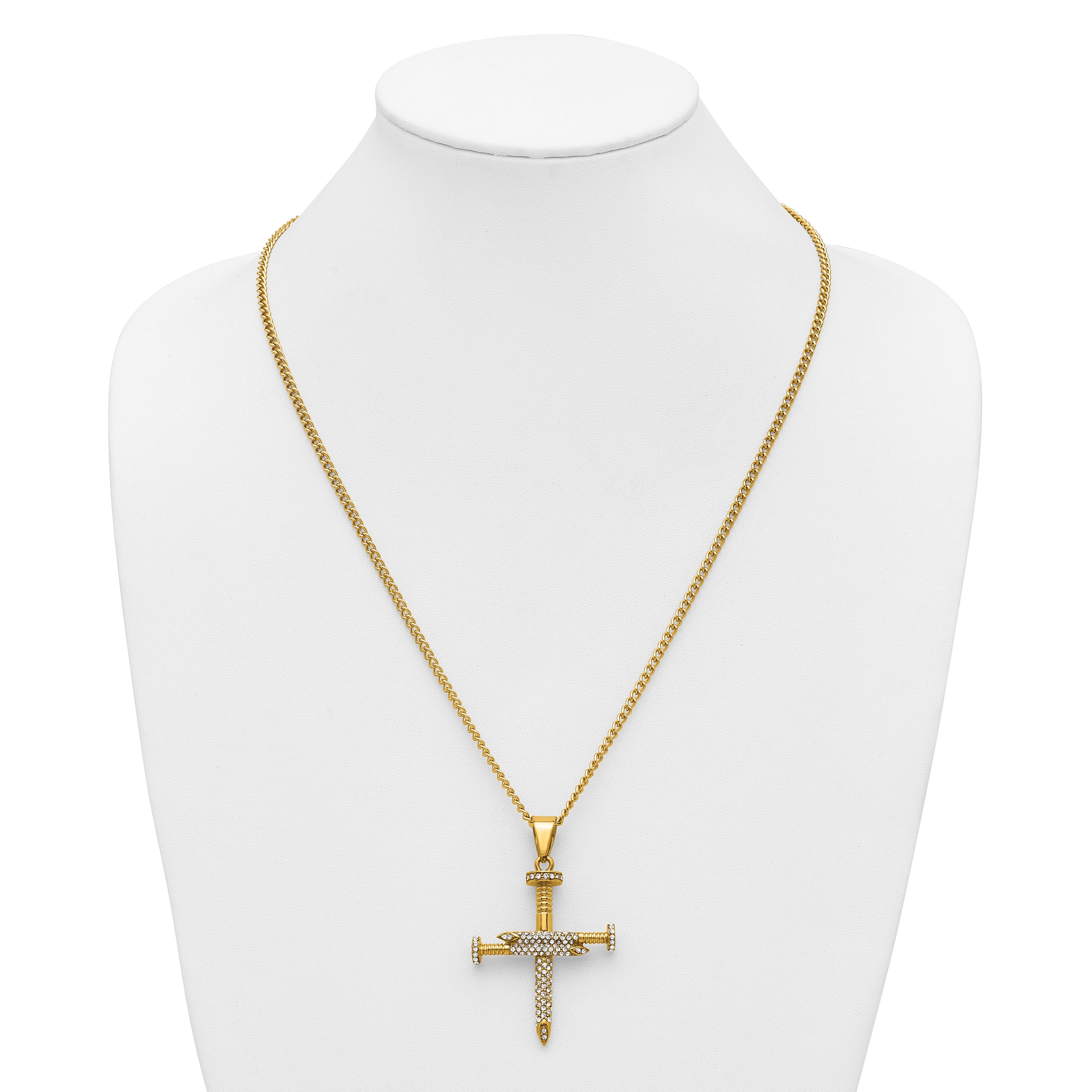 Gold-Tone Polished Crystal Cross Stainless Steel Necklace 2.95mm