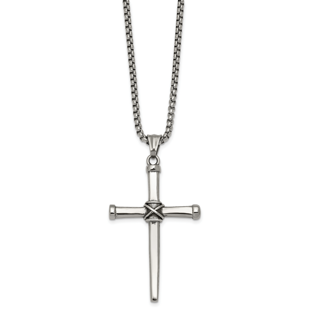 Antiqued Cross Stainless Steel Rolo Chain Necklace 24in