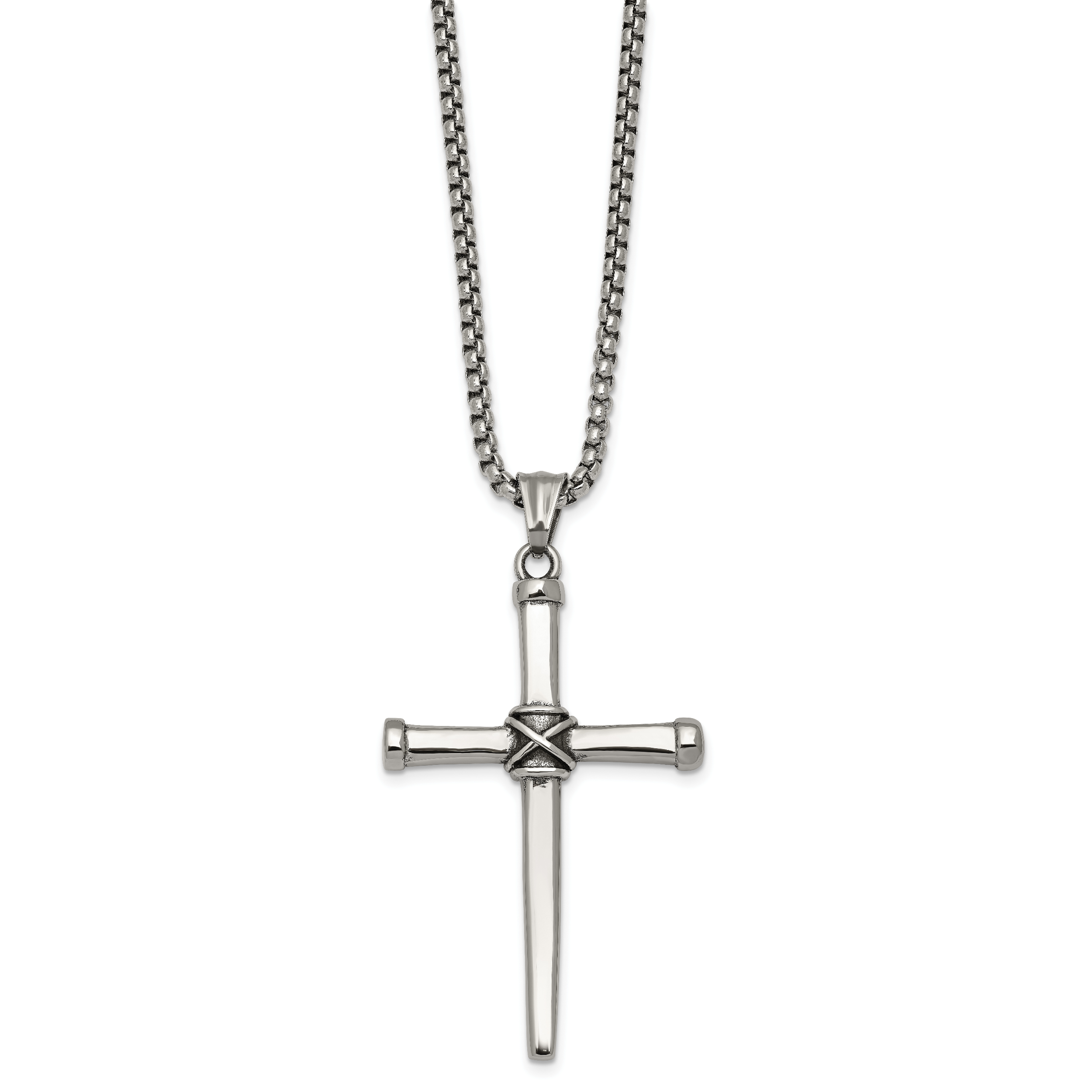 Antiqued Cross Stainless Steel Rolo Chain Necklace 24in