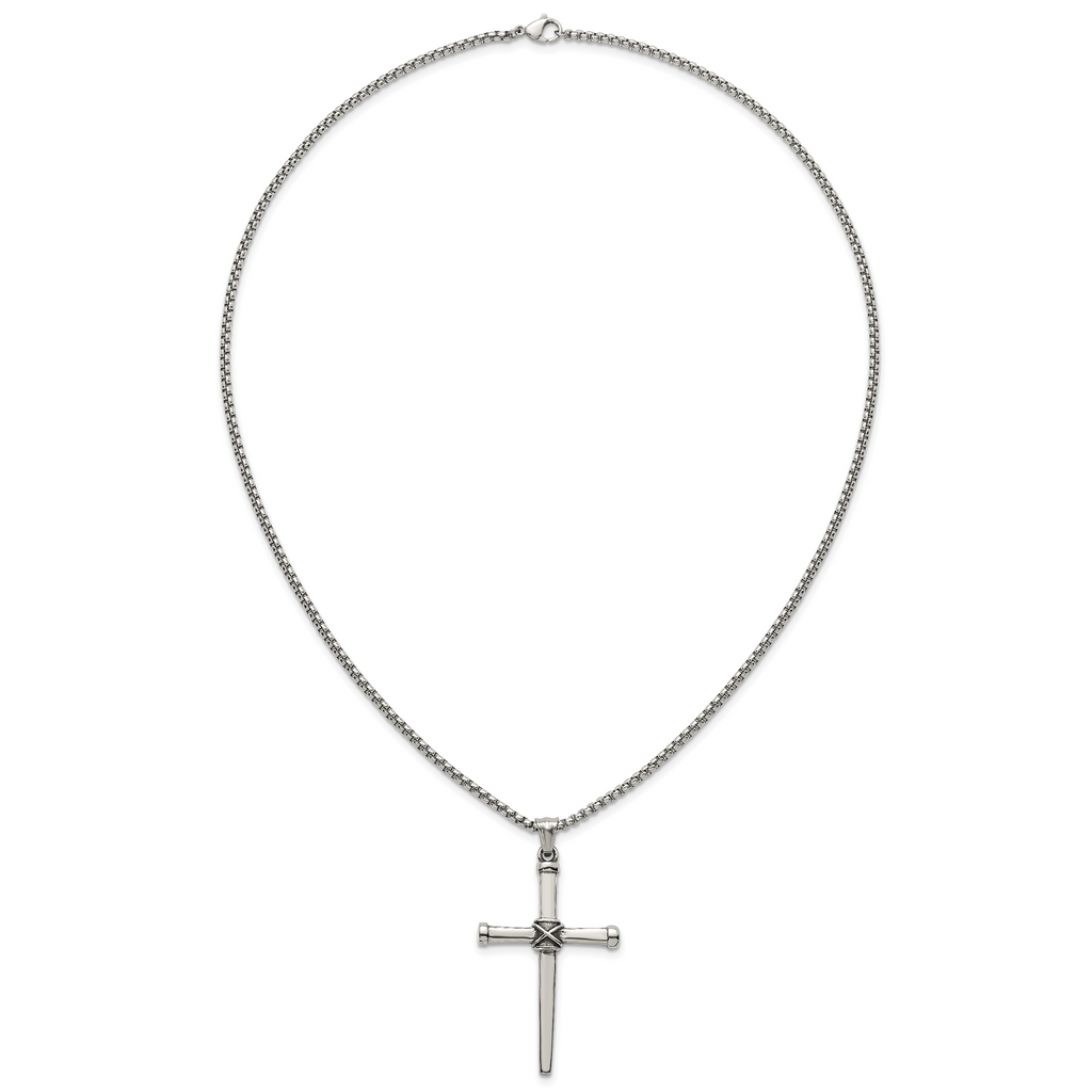 Antiqued Cross Stainless Steel Rolo Chain Necklace 24in