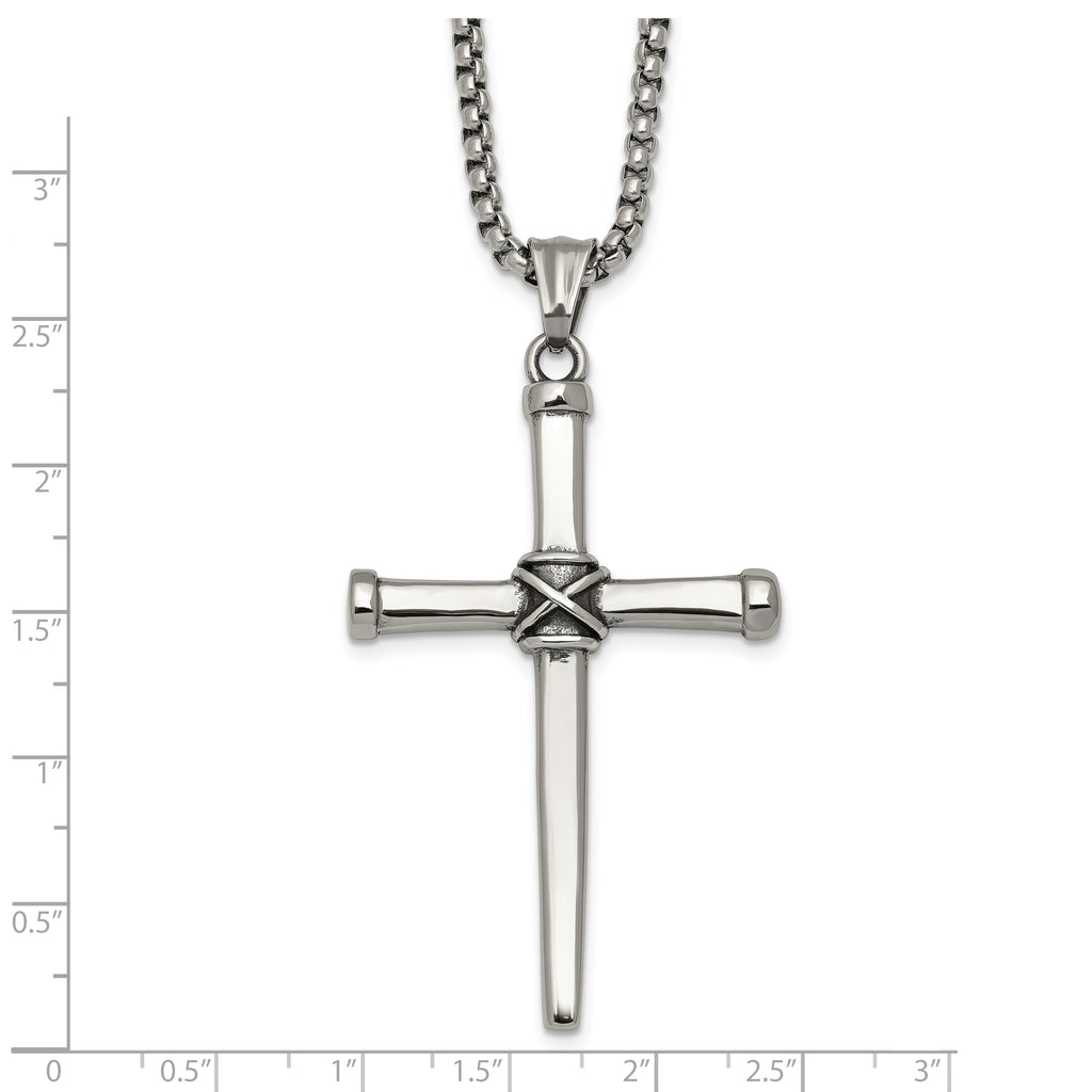 Antiqued Cross Stainless Steel Rolo Chain Necklace 24in