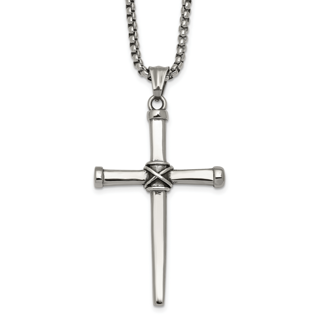 Antiqued Cross Stainless Steel Rolo Chain Necklace 24in
