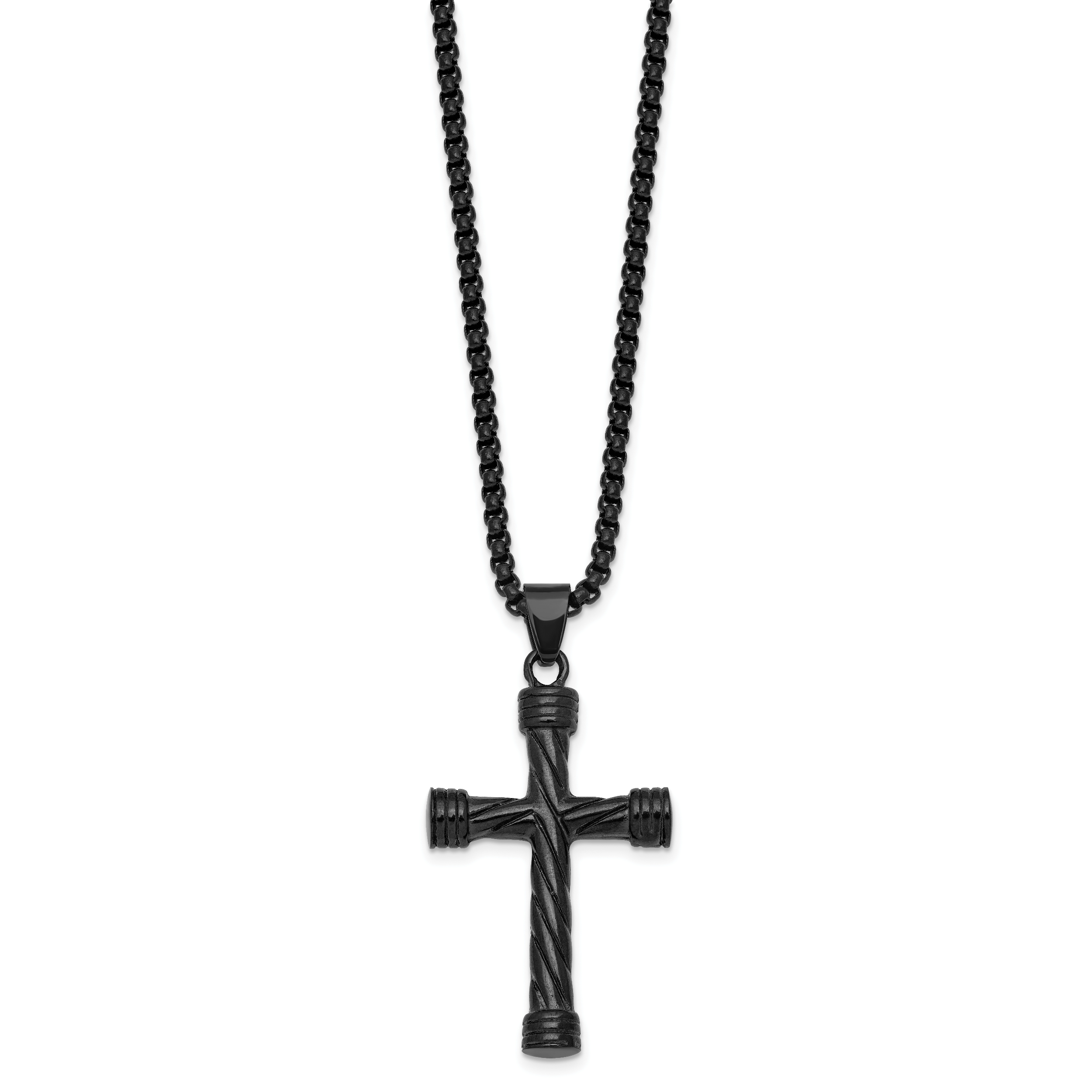 Black Ion-Plated Polished Cross Stainless Steel Rolo Chain Necklace 24in