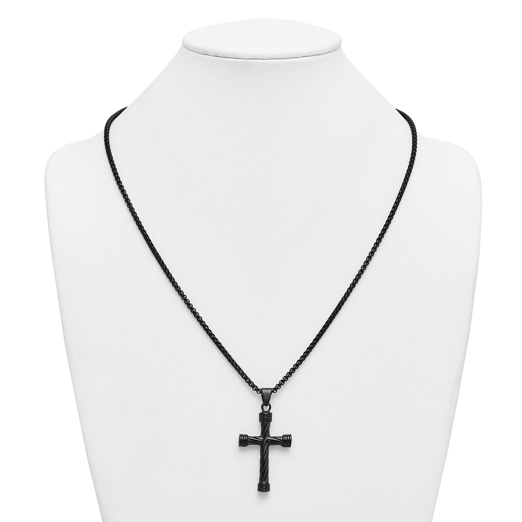 Black Ion-Plated Polished Cross Stainless Steel Rolo Chain Necklace 24in