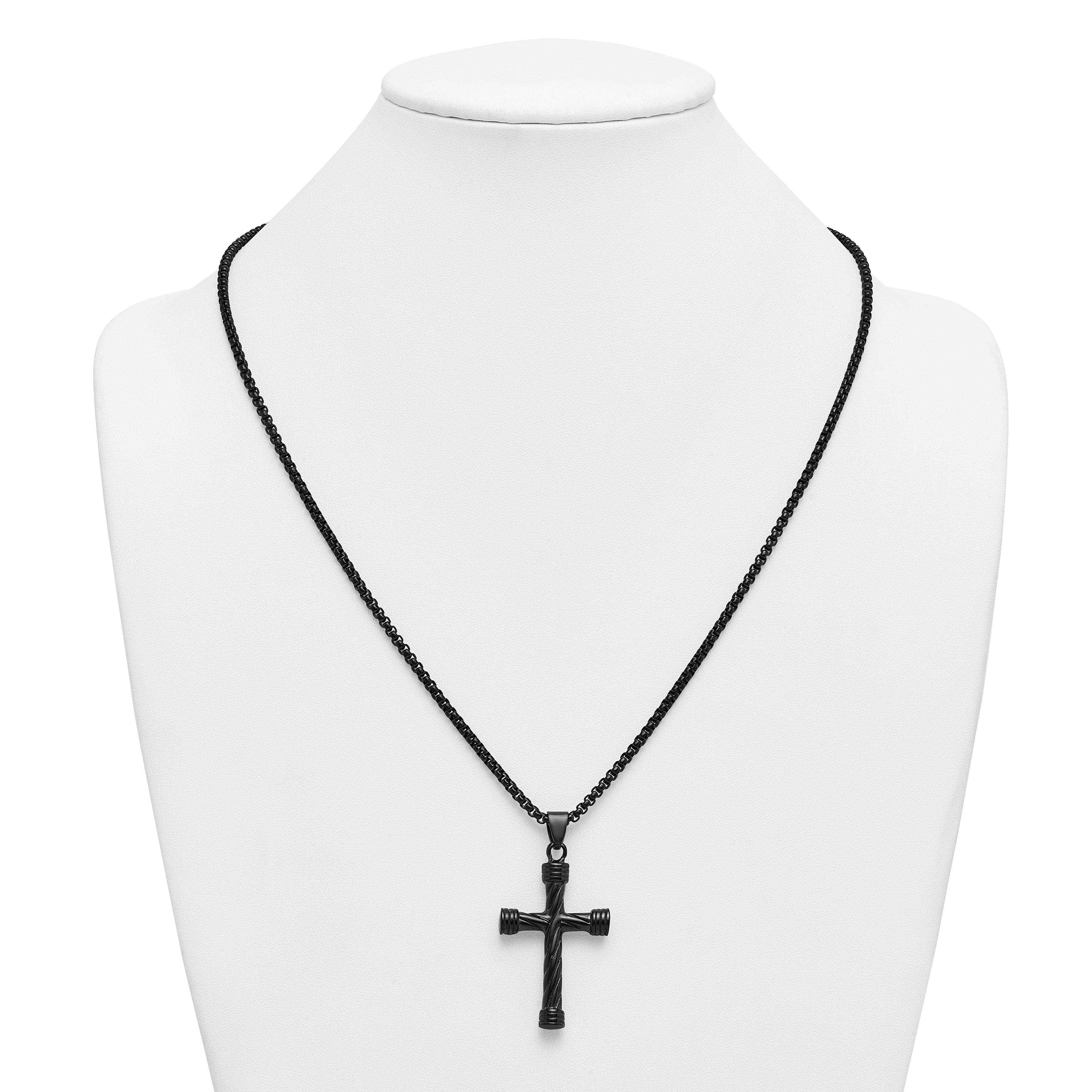 Black Ion-Plated Polished Cross Stainless Steel Rolo Chain Necklace 24in