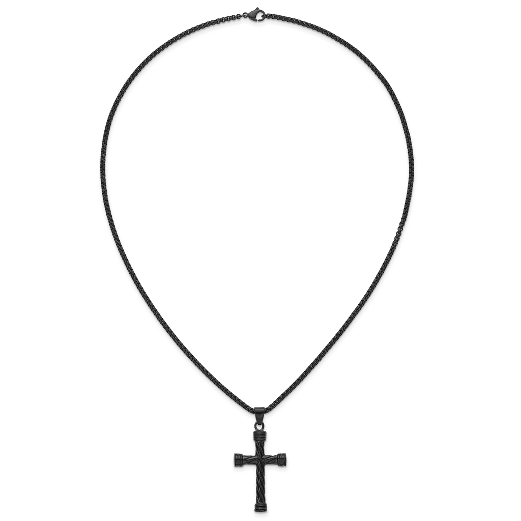 Black Ion-Plated Polished Cross Stainless Steel Rolo Chain Necklace 24in