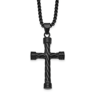 Black Ion-Plated Polished Cross Stainless Steel Rolo Chain Necklace 24in