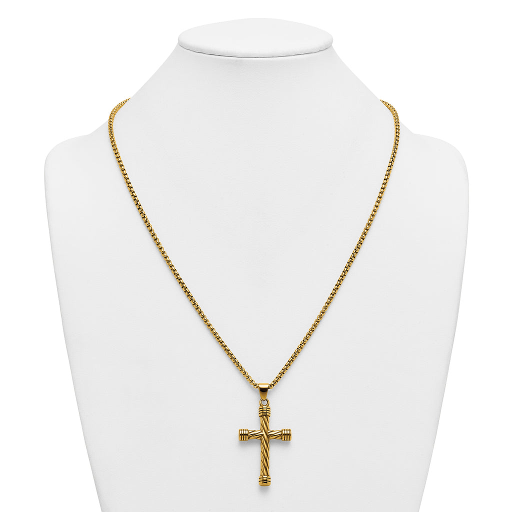 Gold-Tone Polished Cross Stainless Steel Rolo Chain Necklace 24in