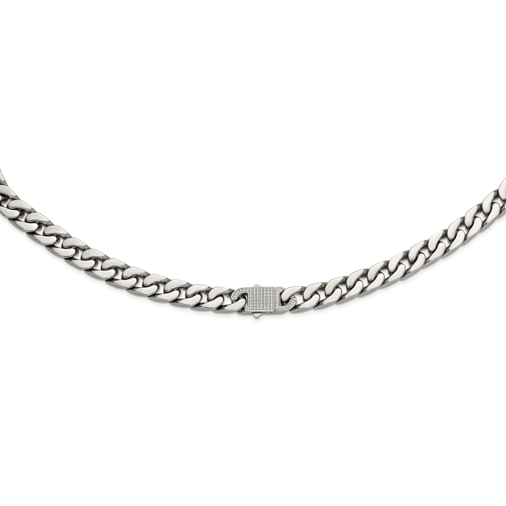 Polished Cubic Zirconia Stainless Steel Cable Chain Necklace 12mm