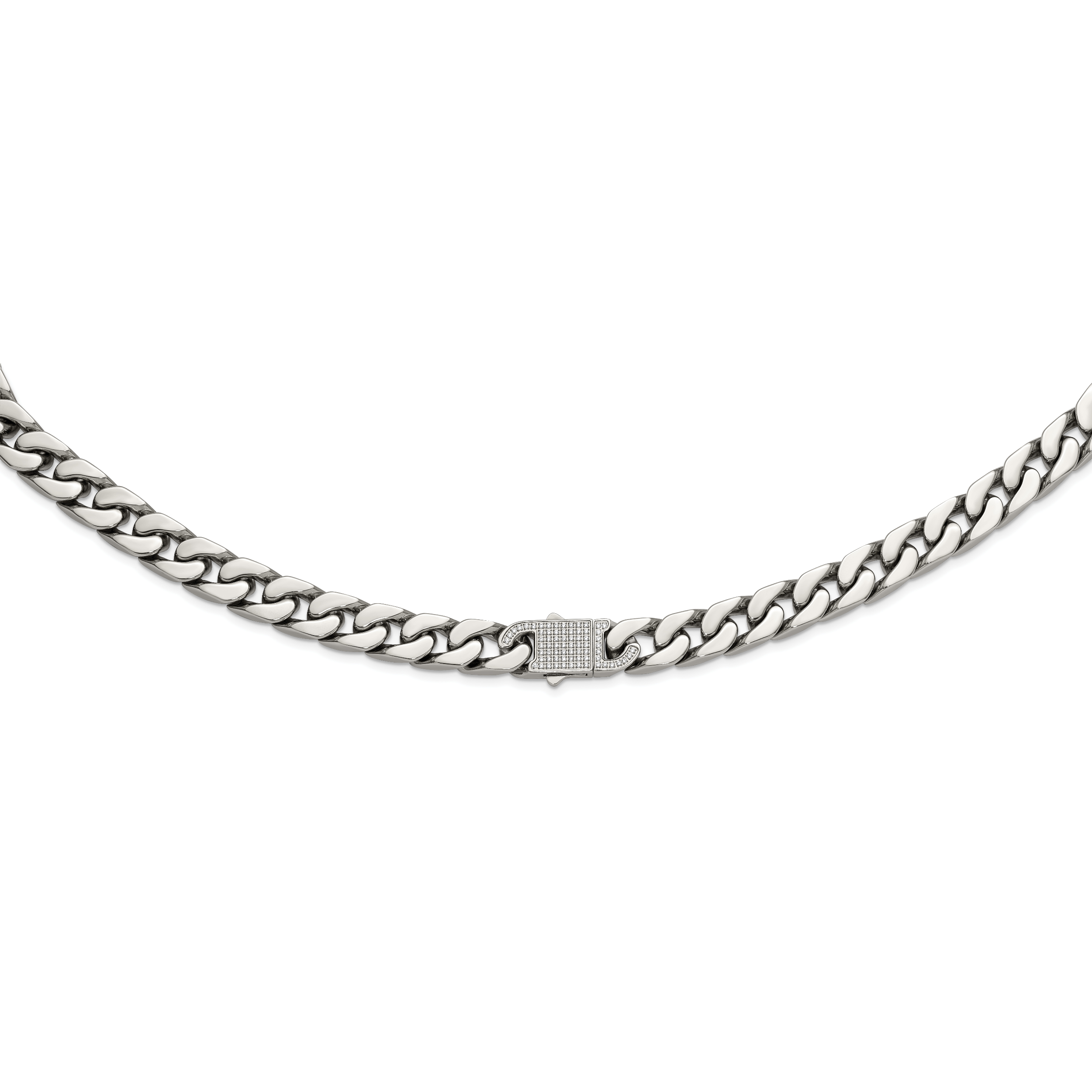 Polished Cubic Zirconia Stainless Steel Cable Chain Necklace 12mm