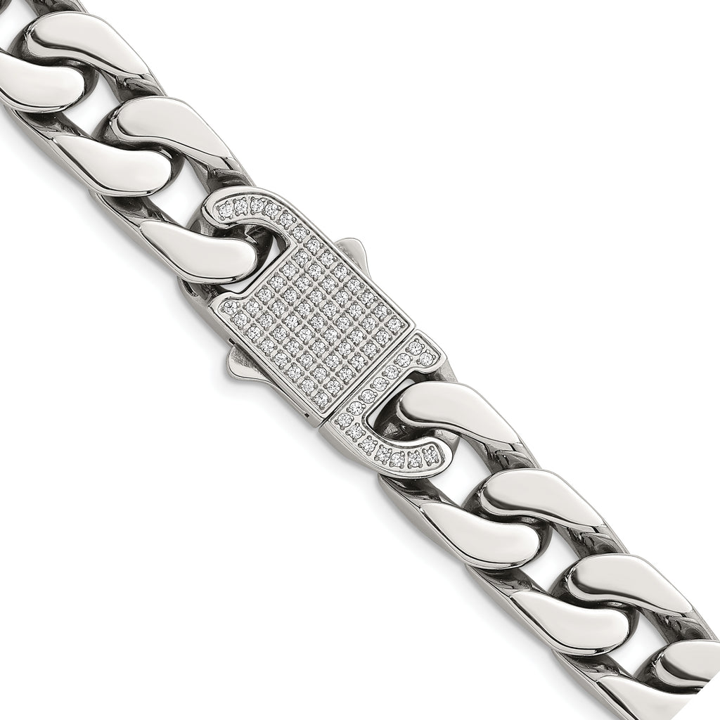 Polished Cubic Zirconia Stainless Steel Cable Chain Necklace 12mm