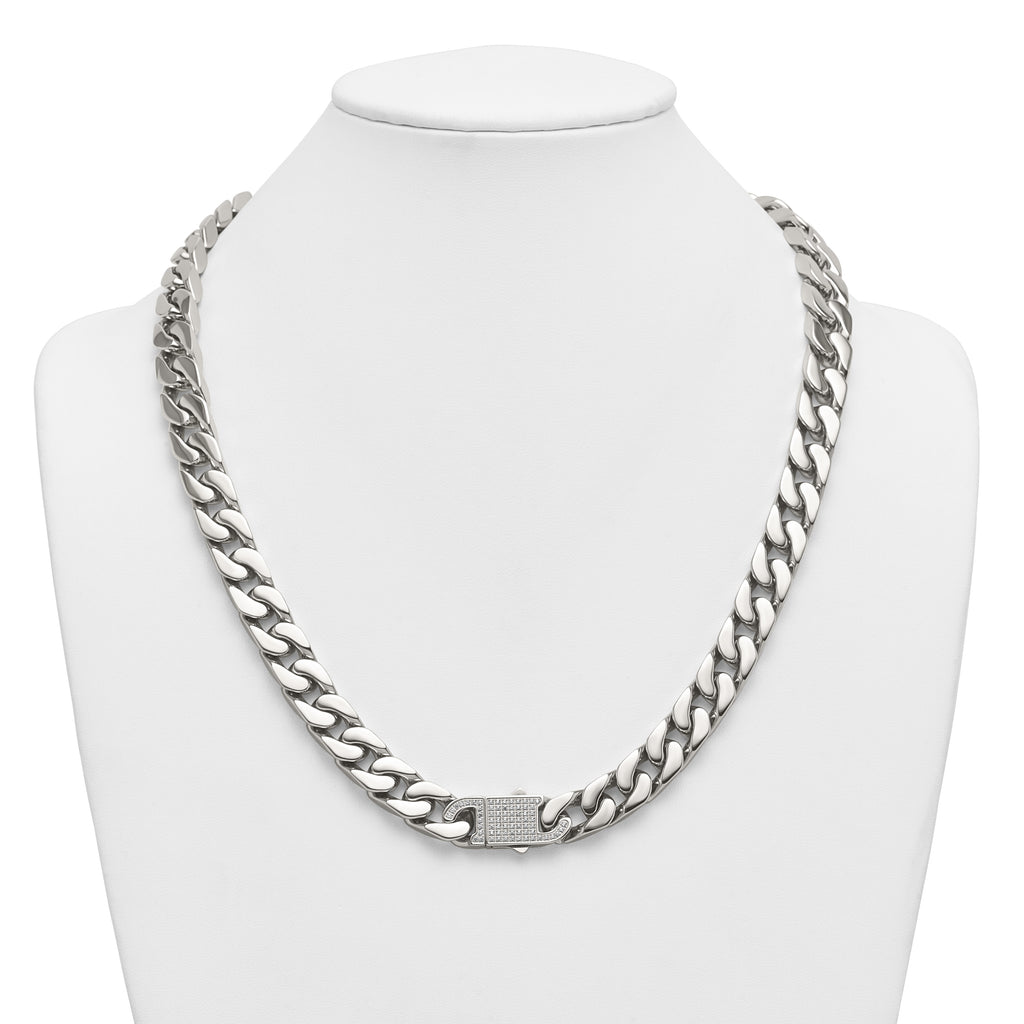 Polished Cubic Zirconia Stainless Steel Cable Chain Necklace 12mm