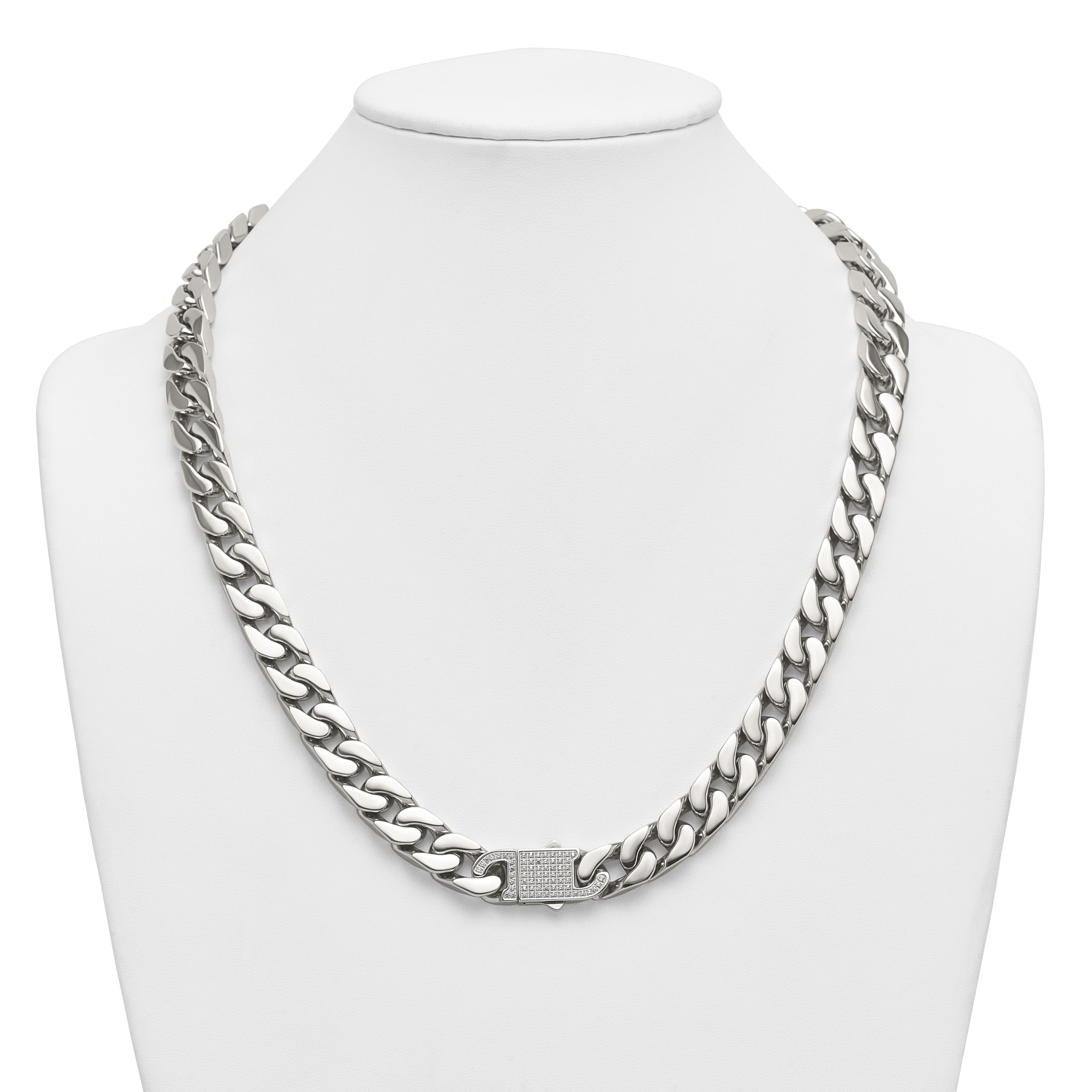 Polished Cubic Zirconia Stainless Steel Cable Chain Necklace 12mm