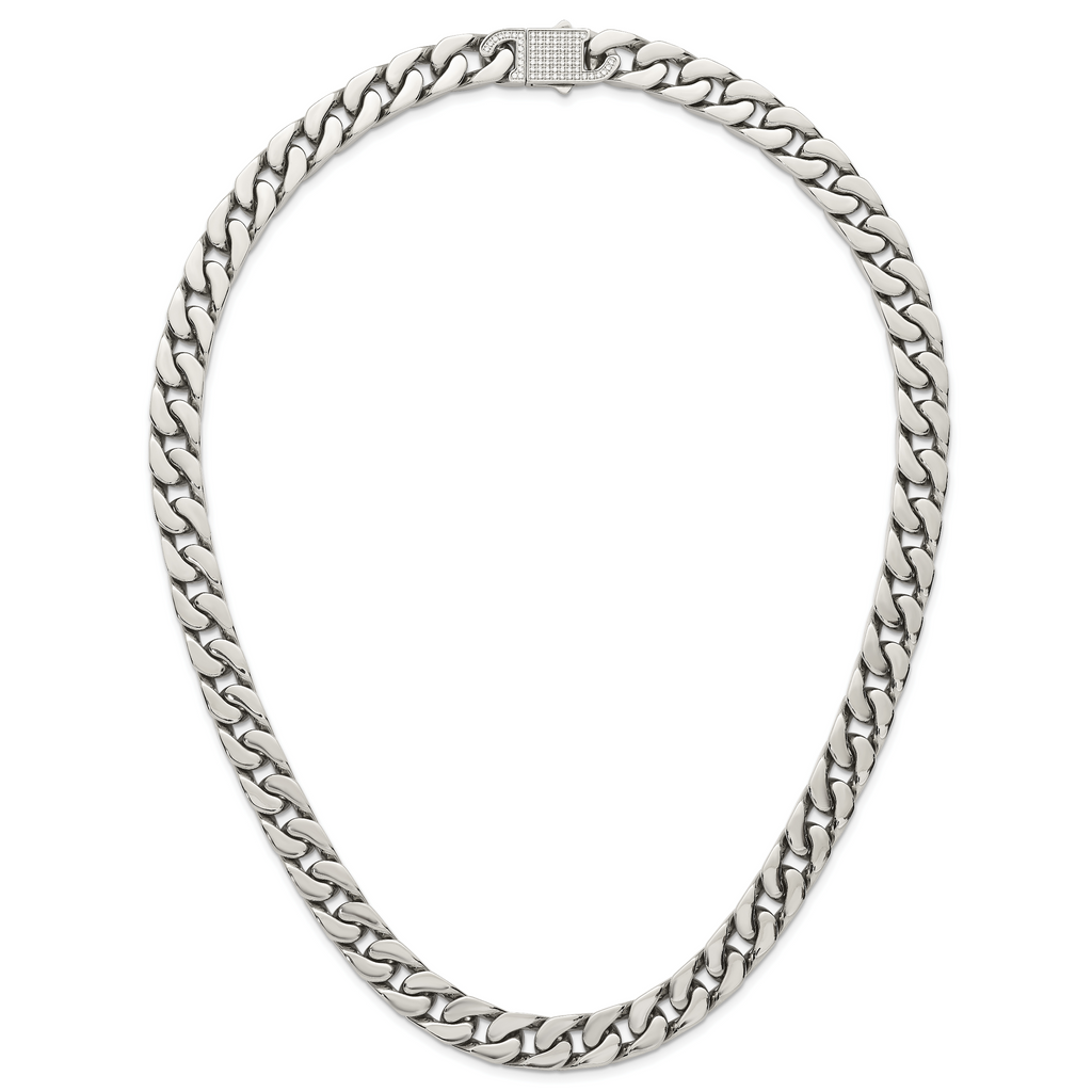 Polished Cubic Zirconia Stainless Steel Cable Chain Necklace 12mm