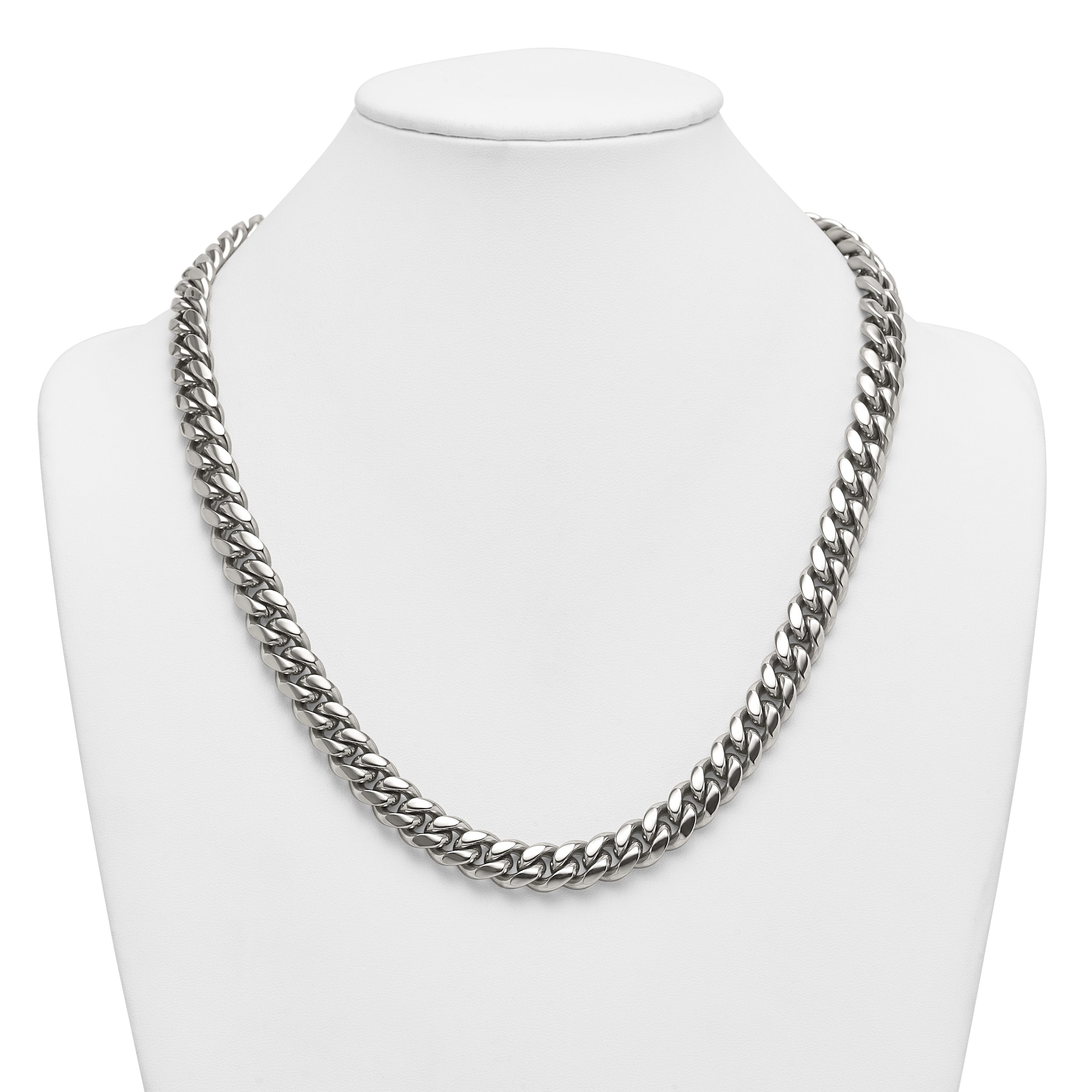 Polished Cubic Zirconia Stainless Steel Curb Chain Necklace 12mm