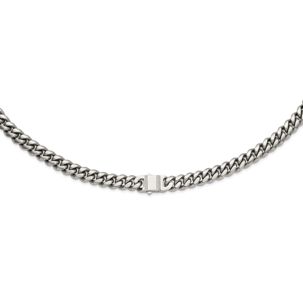 Polished Cubic Zirconia Stainless Steel Curb Chain Necklace 12mm