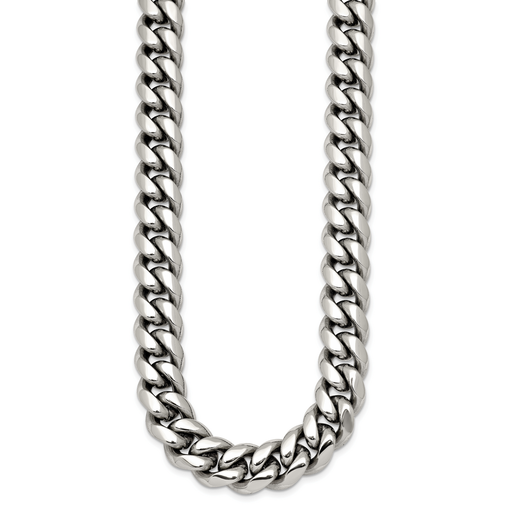 Polished Cubic Zirconia Stainless Steel Curb Chain Necklace 12mm
