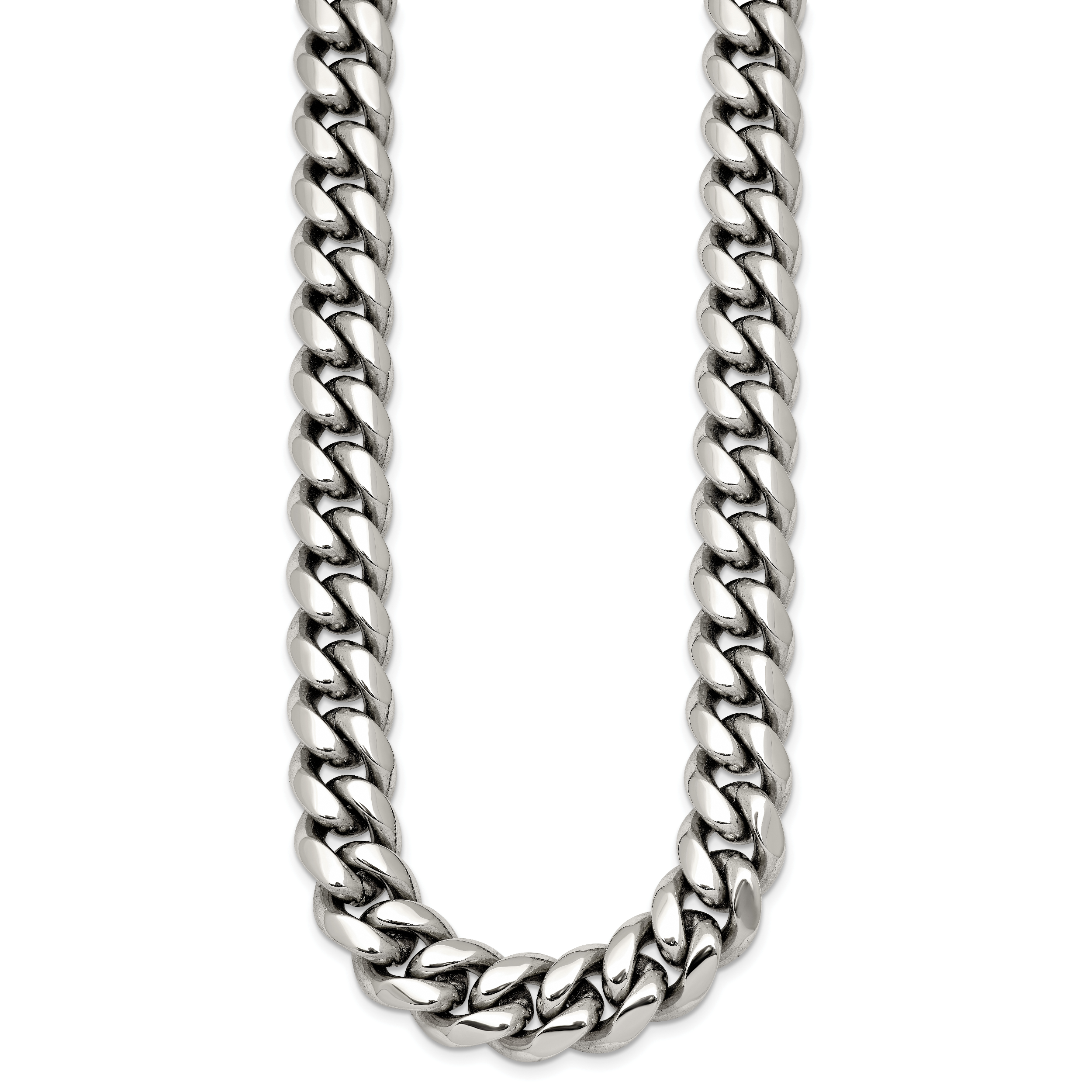 Polished Cubic Zirconia Stainless Steel Curb Chain Necklace 12mm