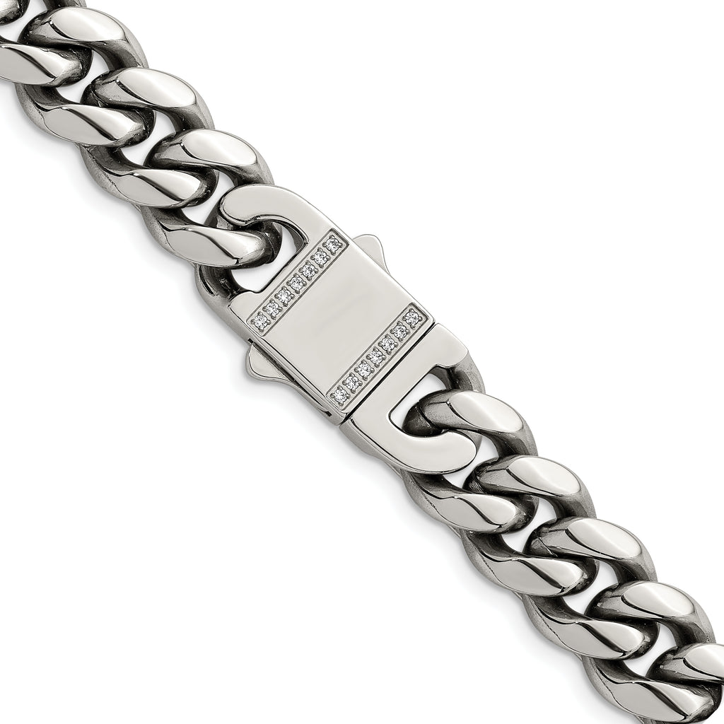 Polished Cubic Zirconia Stainless Steel Curb Chain Necklace 12mm