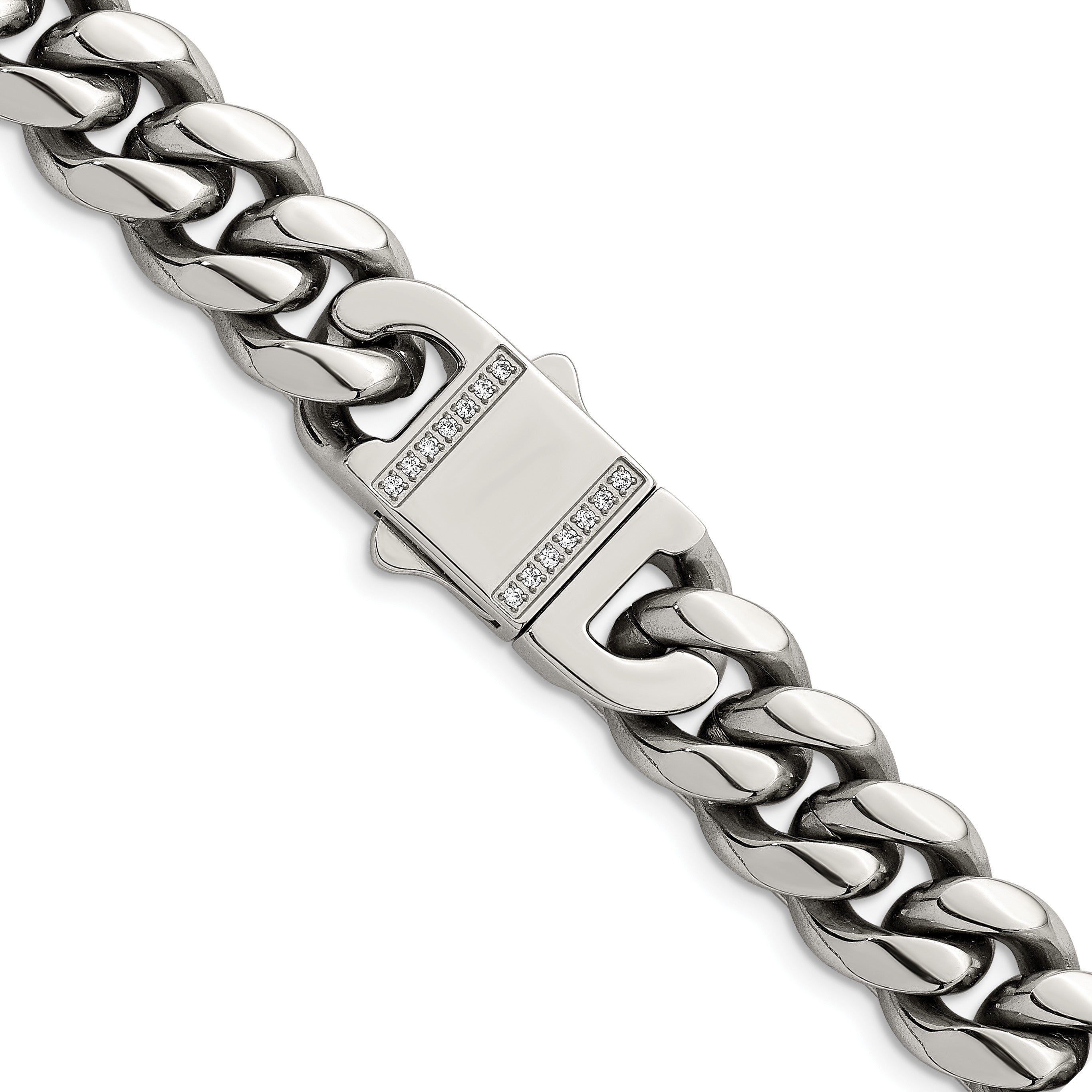 Polished Cubic Zirconia Stainless Steel Curb Chain Necklace 12mm