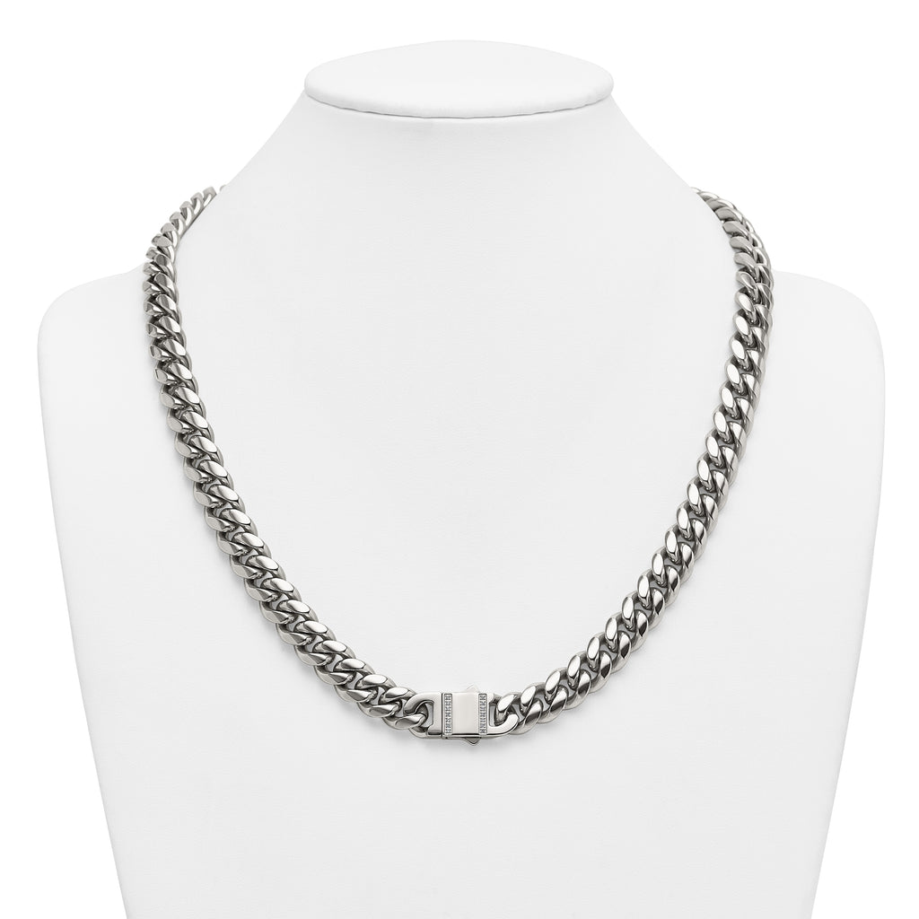 Polished Cubic Zirconia Stainless Steel Curb Chain Necklace 12mm