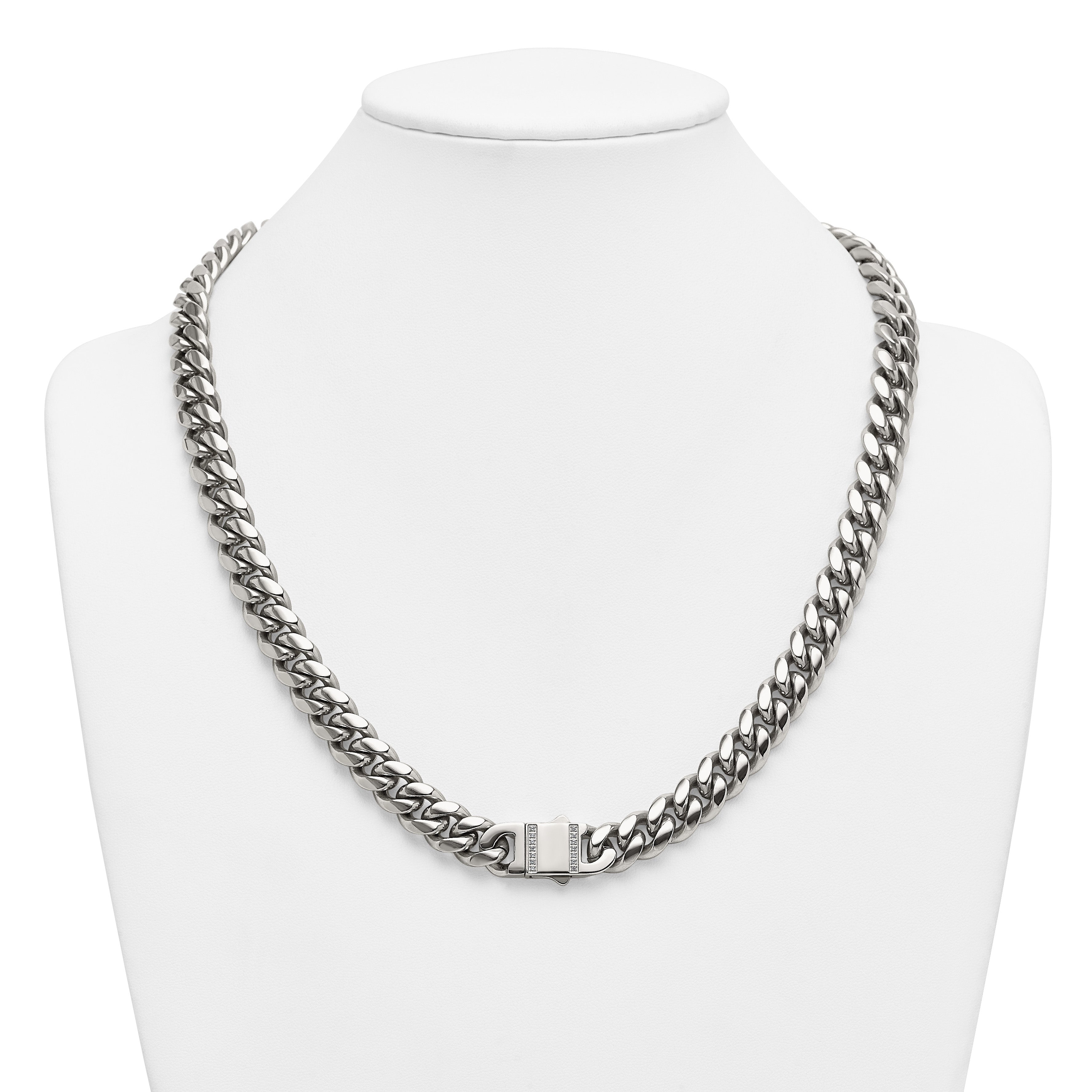 Polished Cubic Zirconia Stainless Steel Curb Chain Necklace 12mm