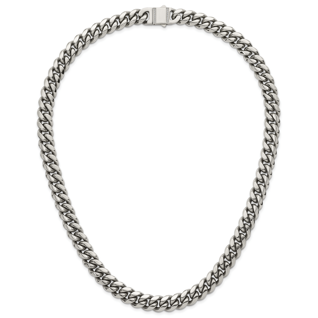 Polished Cubic Zirconia Stainless Steel Curb Chain Necklace 12mm