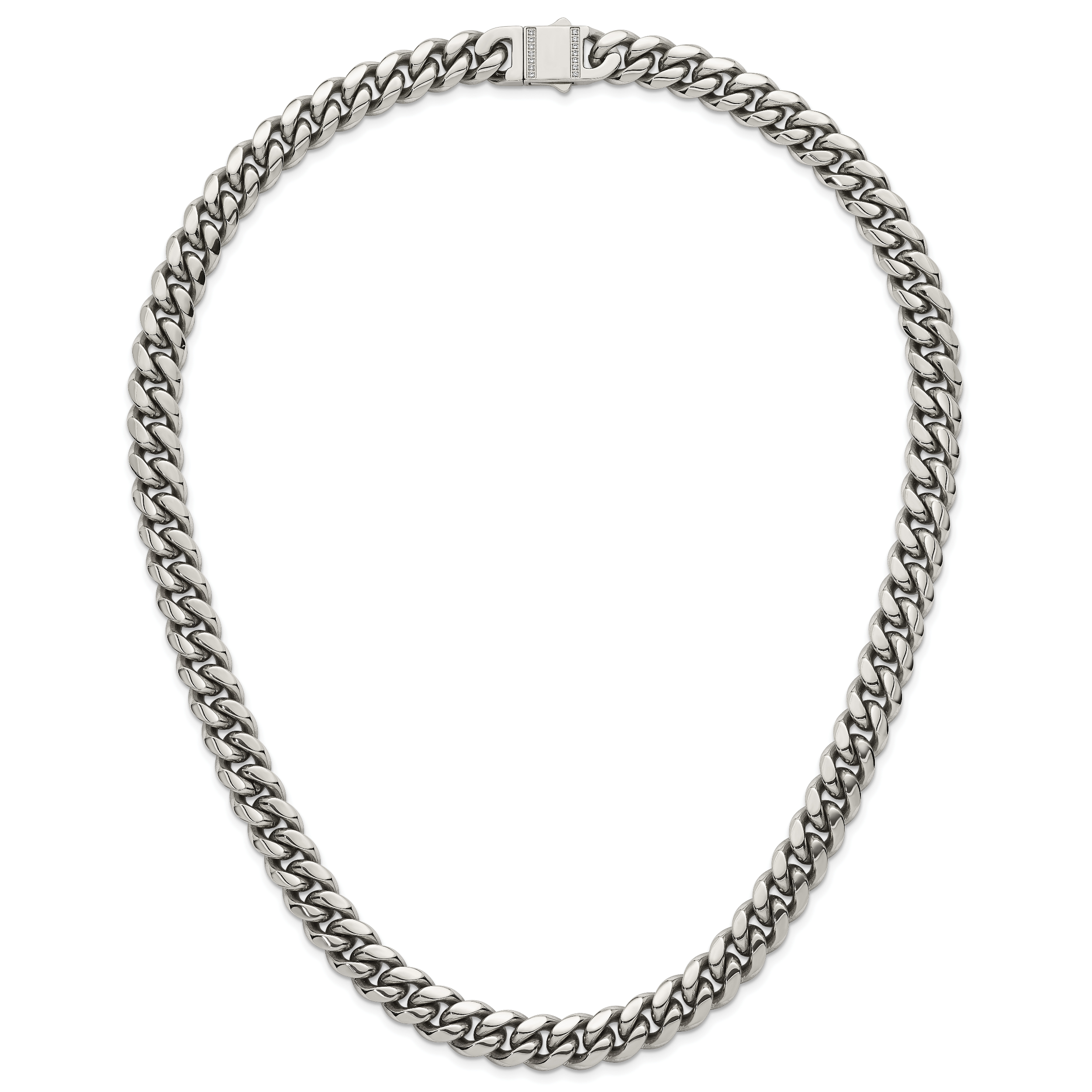 Polished Cubic Zirconia Stainless Steel Curb Chain Necklace 12mm