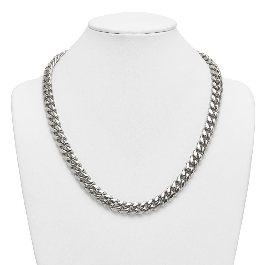 Polished Cubic Zirconia Stainless Steel Curb Chain Necklace 12mm 24in
