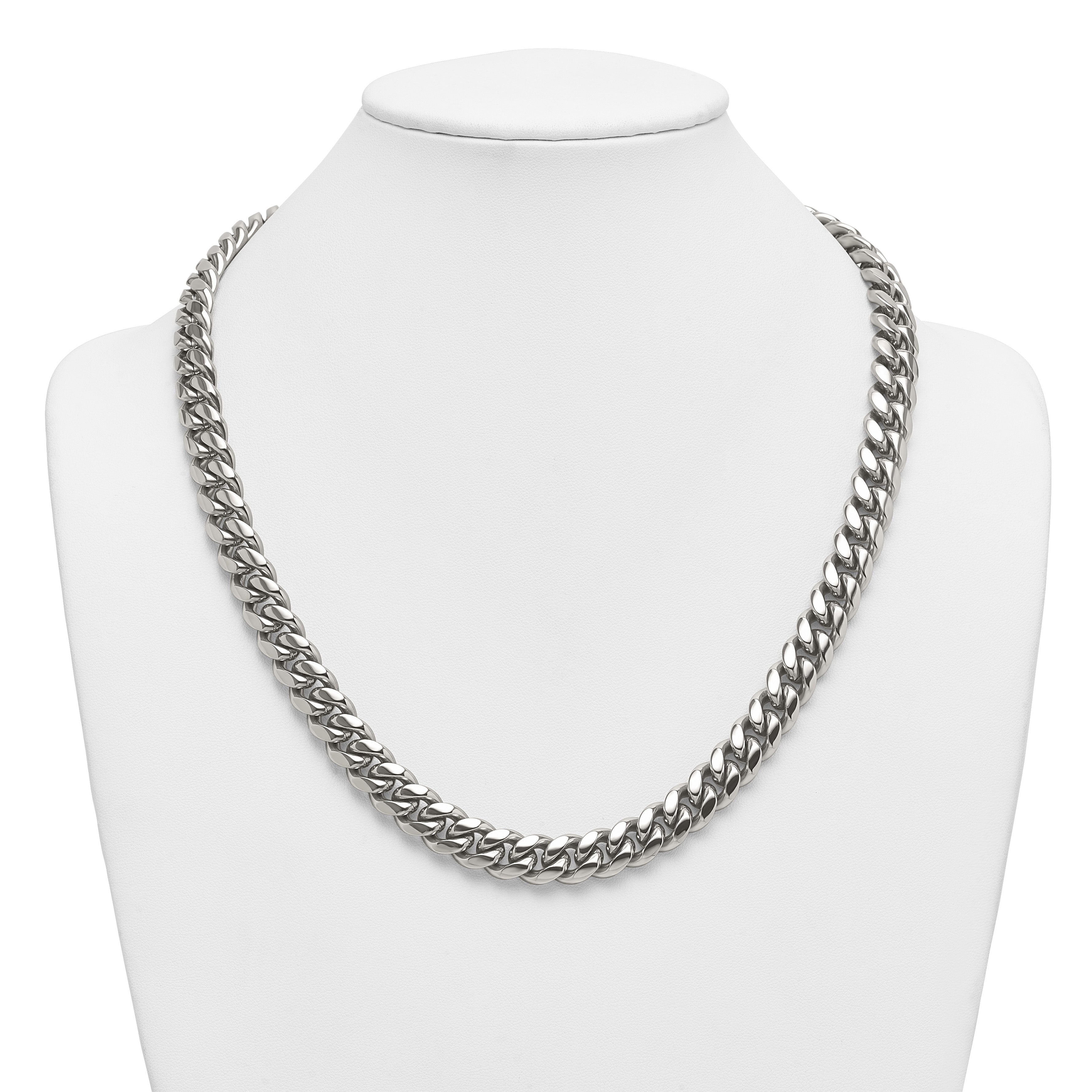 Polished Cubic Zirconia Stainless Steel Curb Chain Necklace 12mm 24in