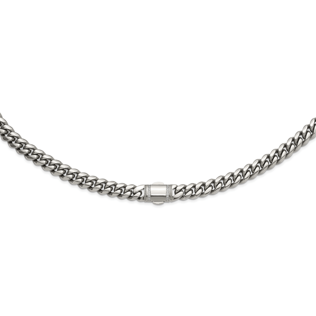 Polished Cubic Zirconia Stainless Steel Curb Chain Necklace 12mm 24in
