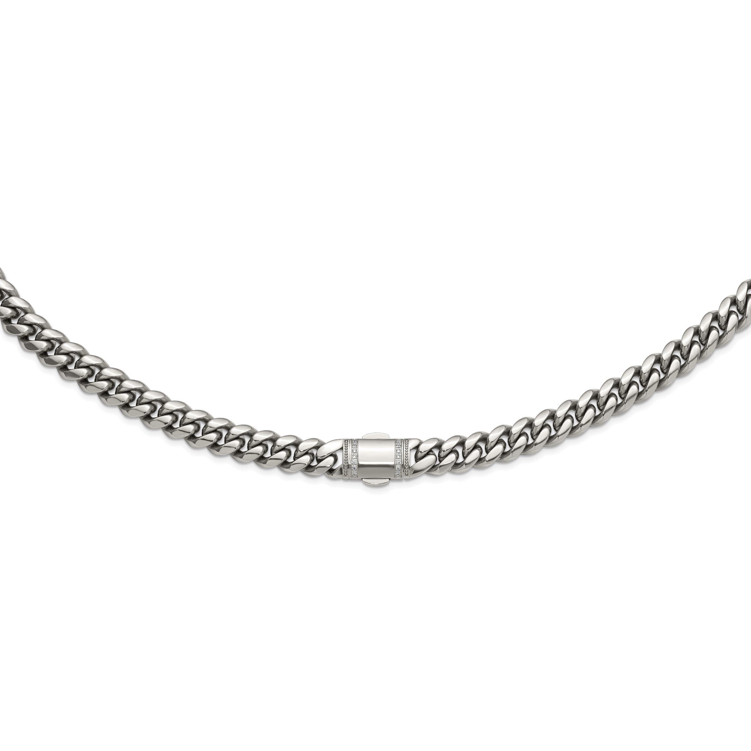Polished Cubic Zirconia Stainless Steel Curb Chain Necklace 12mm 24in