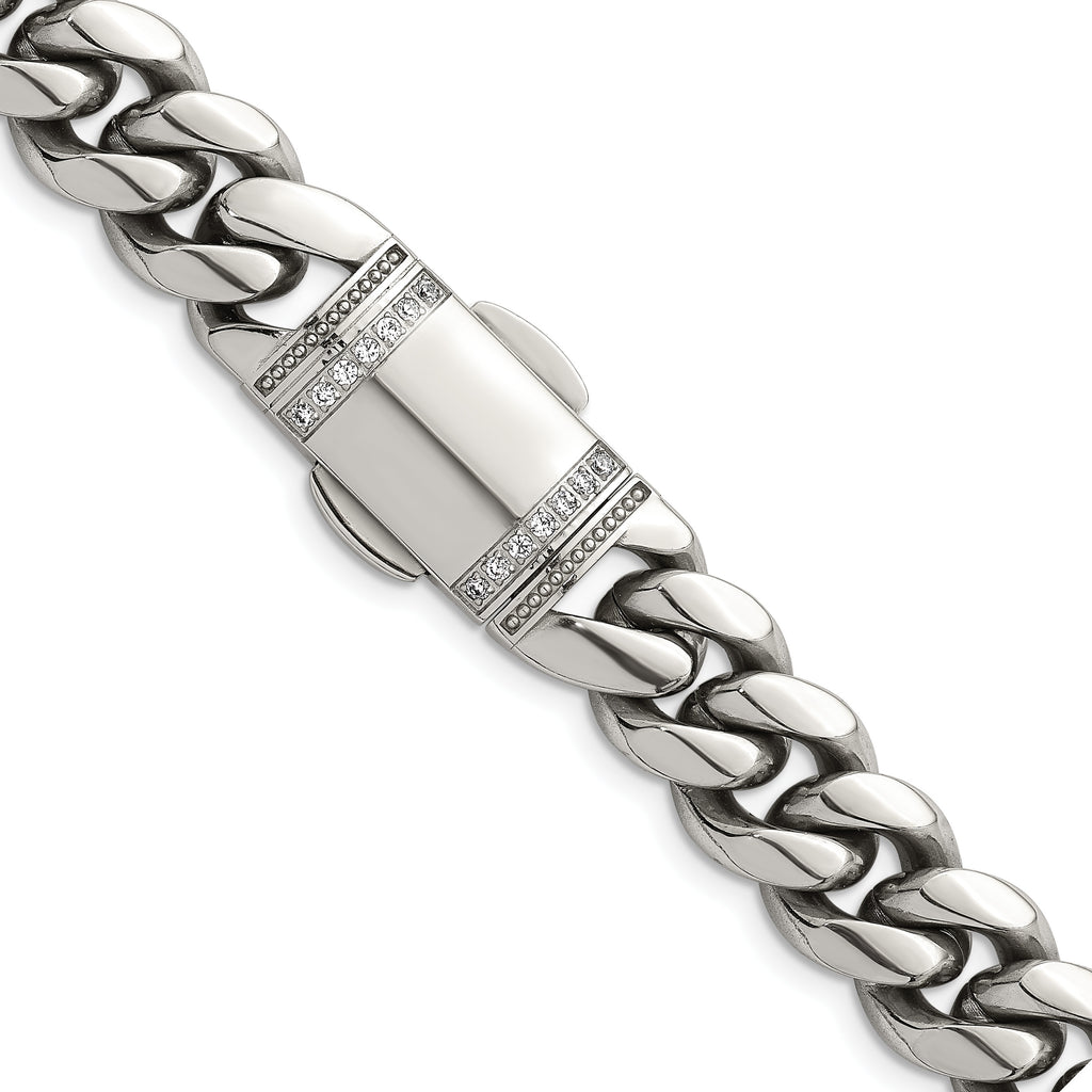 Polished Cubic Zirconia Stainless Steel Curb Chain Necklace 12mm 24in