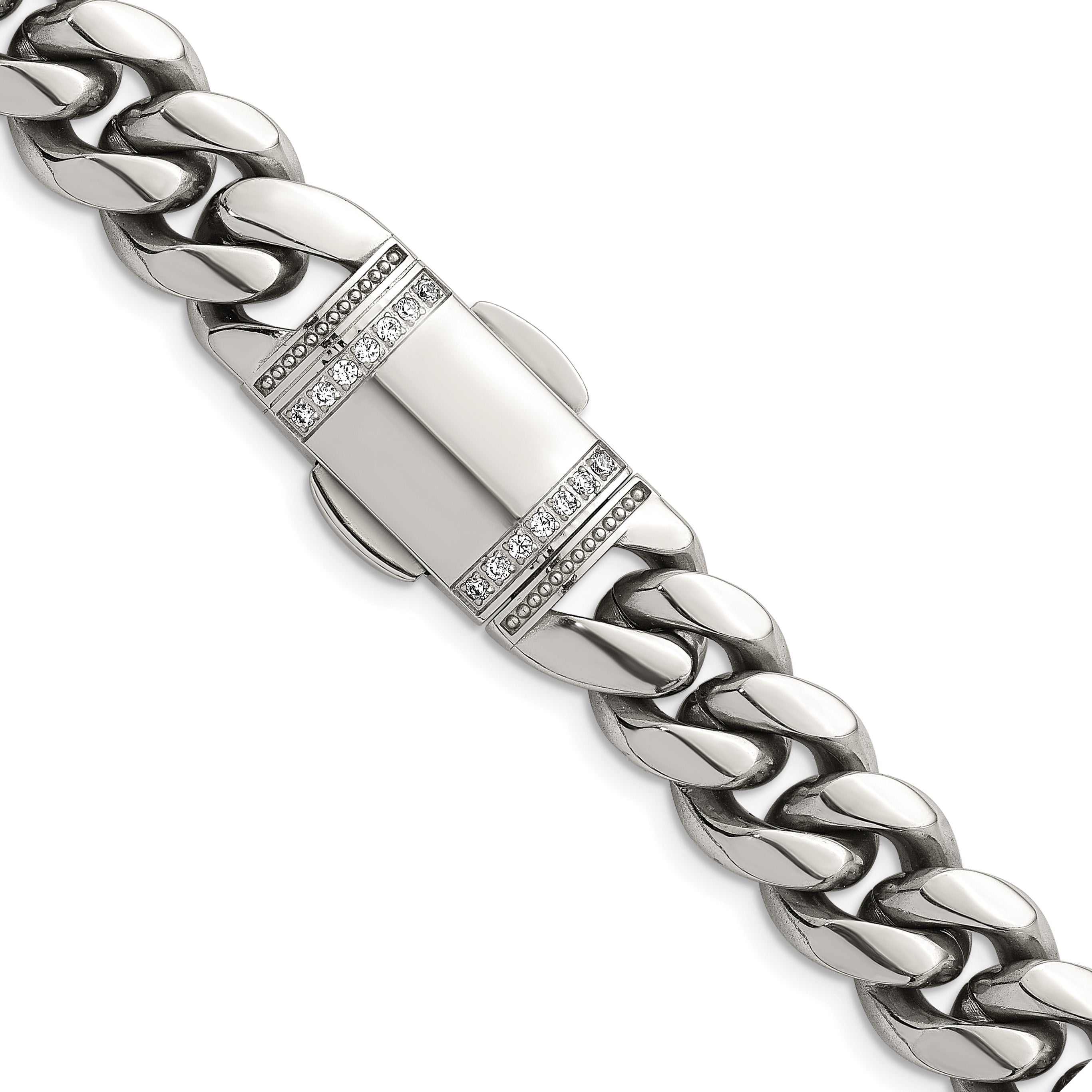 Polished Cubic Zirconia Stainless Steel Curb Chain Necklace 12mm 24in