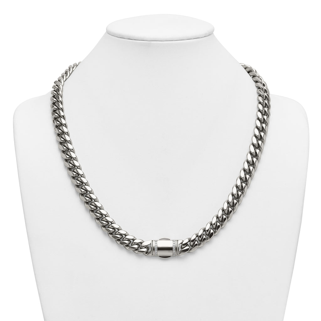 Polished Cubic Zirconia Stainless Steel Curb Chain Necklace 12mm 24in