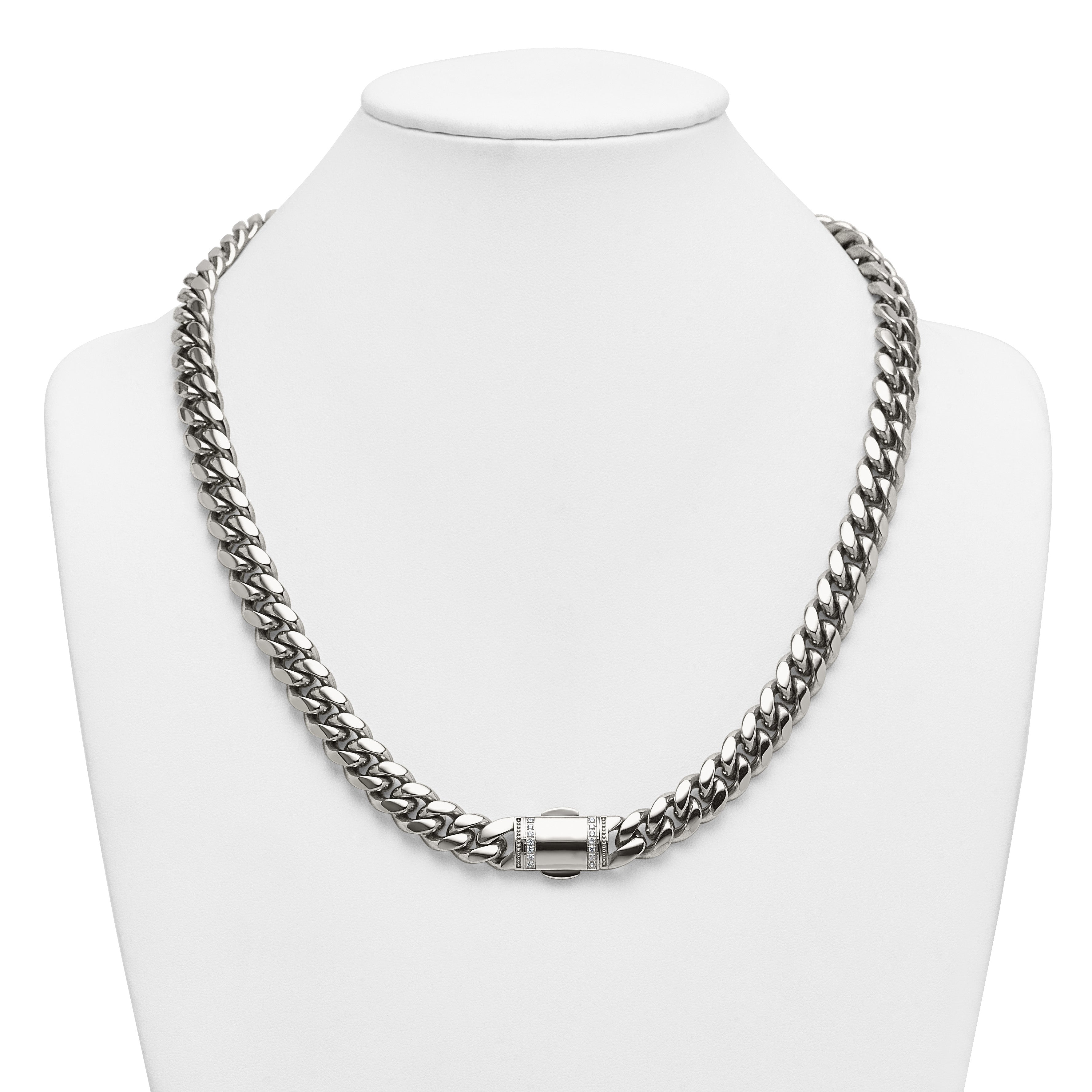 Polished Cubic Zirconia Stainless Steel Curb Chain Necklace 12mm 24in