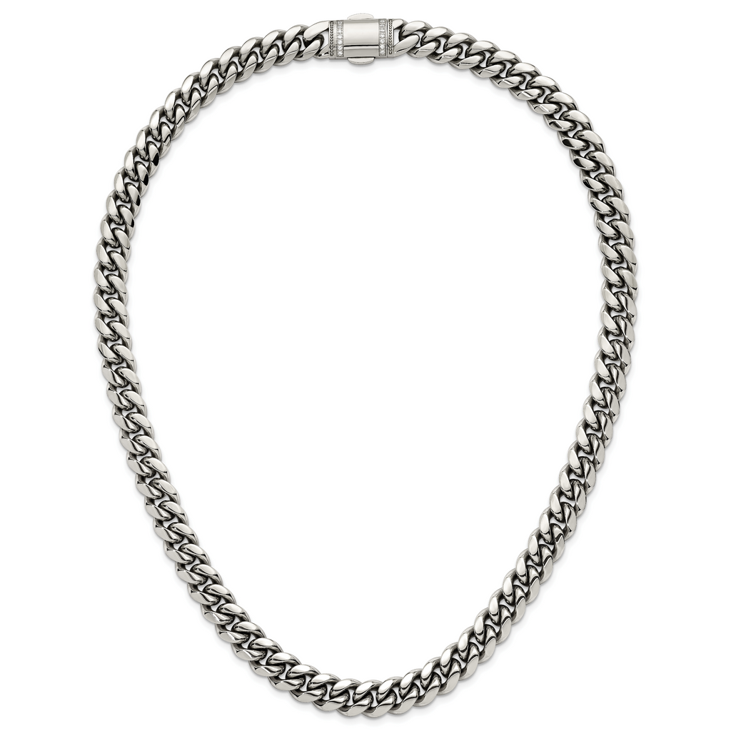 Polished Cubic Zirconia Stainless Steel Curb Chain Necklace 12mm 24in