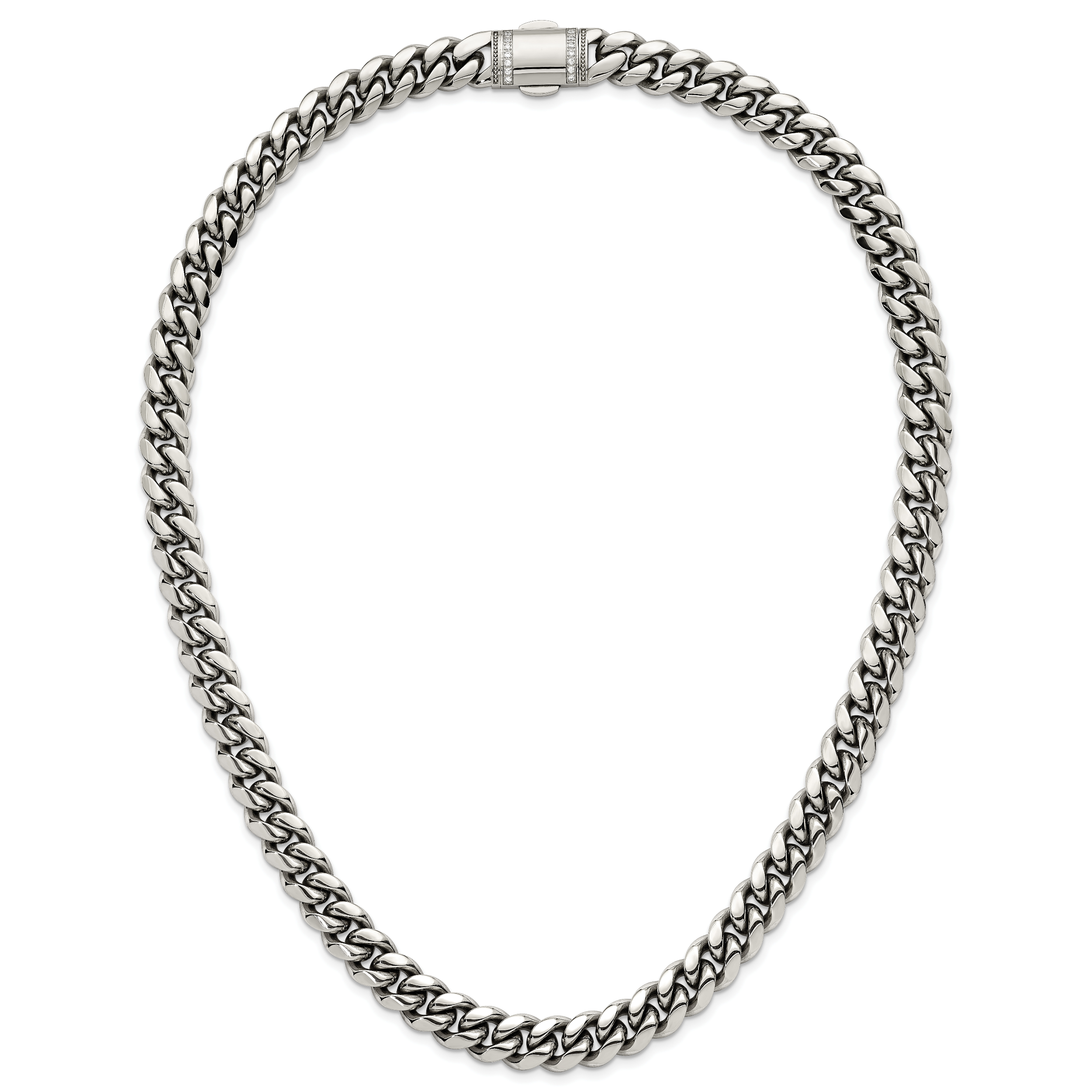 Polished Cubic Zirconia Stainless Steel Curb Chain Necklace 12mm 24in