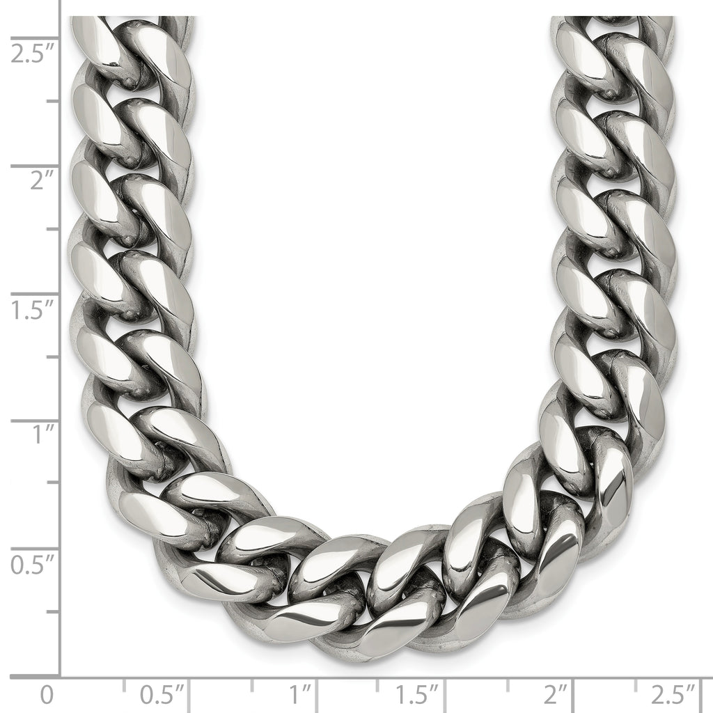 Polished Cubic Zirconia Stainless Steel Curb Chain Necklace 12mm 24in